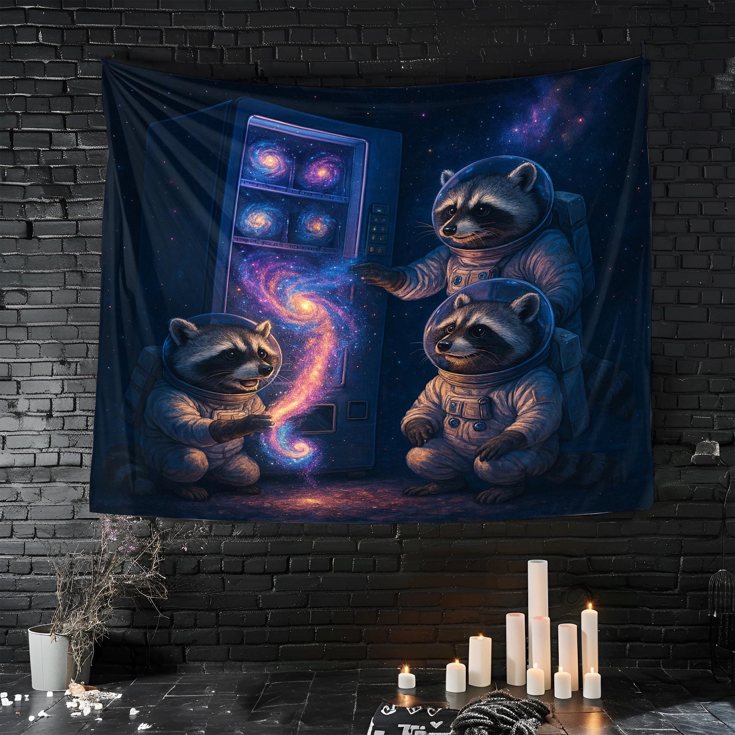 Raccoon Astronaut Tapestry Galaxy Vending Machine Wall Art, Funny Space Decor For Dorm, Cosmic Animal Poster Gift For Sci Fi Lover