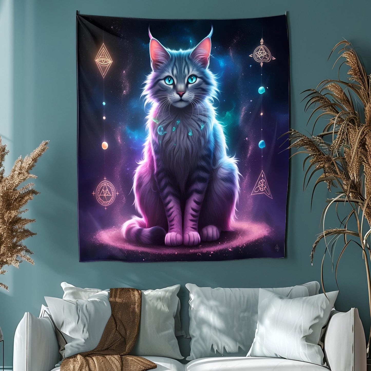 Mystical Three-Eyed Cat Tapestry, Neon Glowing Fur Art, Sacred Symbols & Cosmic Dreamscape, Trippy Psychedelic Decor , Cat Psychedelic