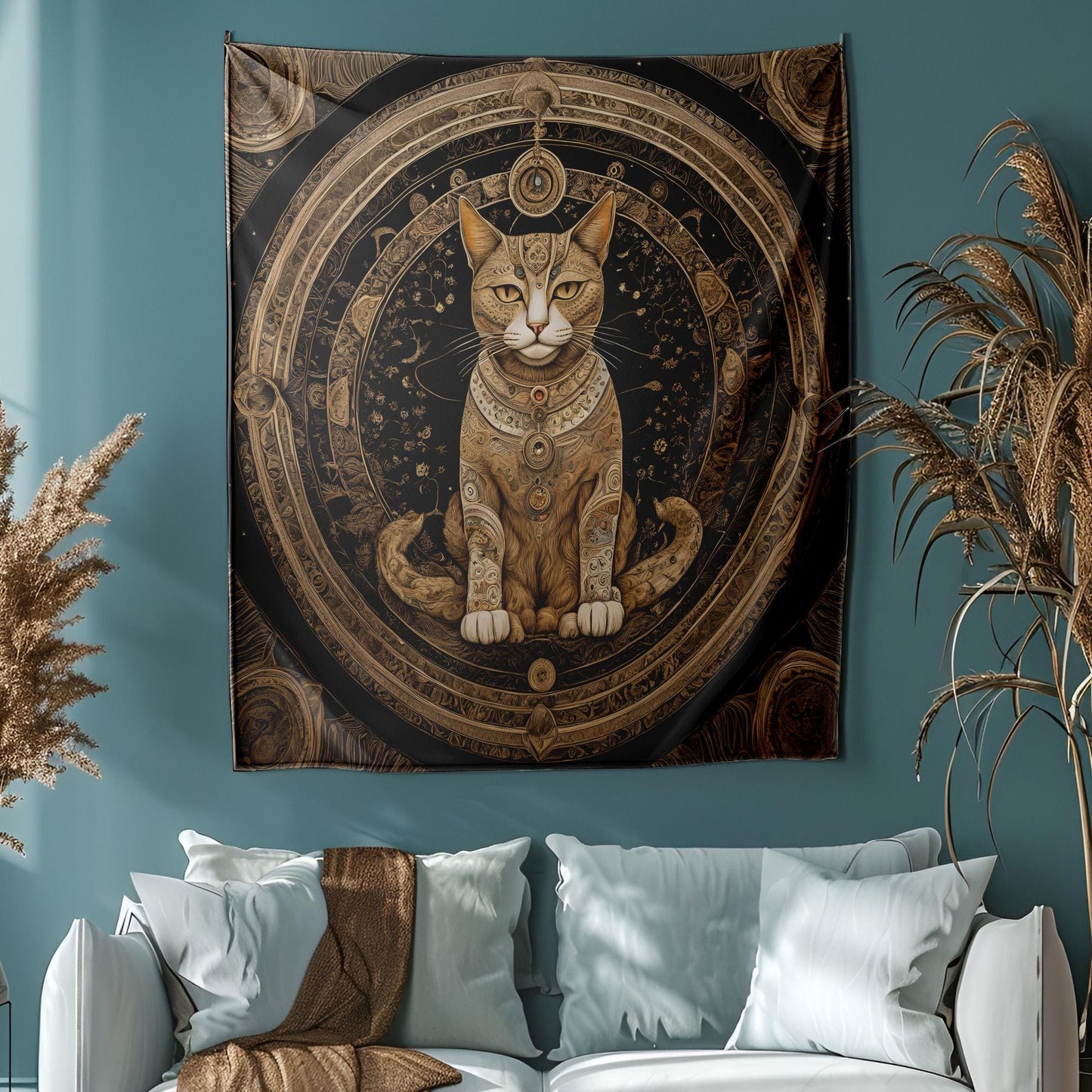 Mystical Mandala Cat Tapestry - Third Eye Feline Wall Hanging - Celestial Astrology Decor - Boho Witchy Art - Spiritual Meditation Tapestry