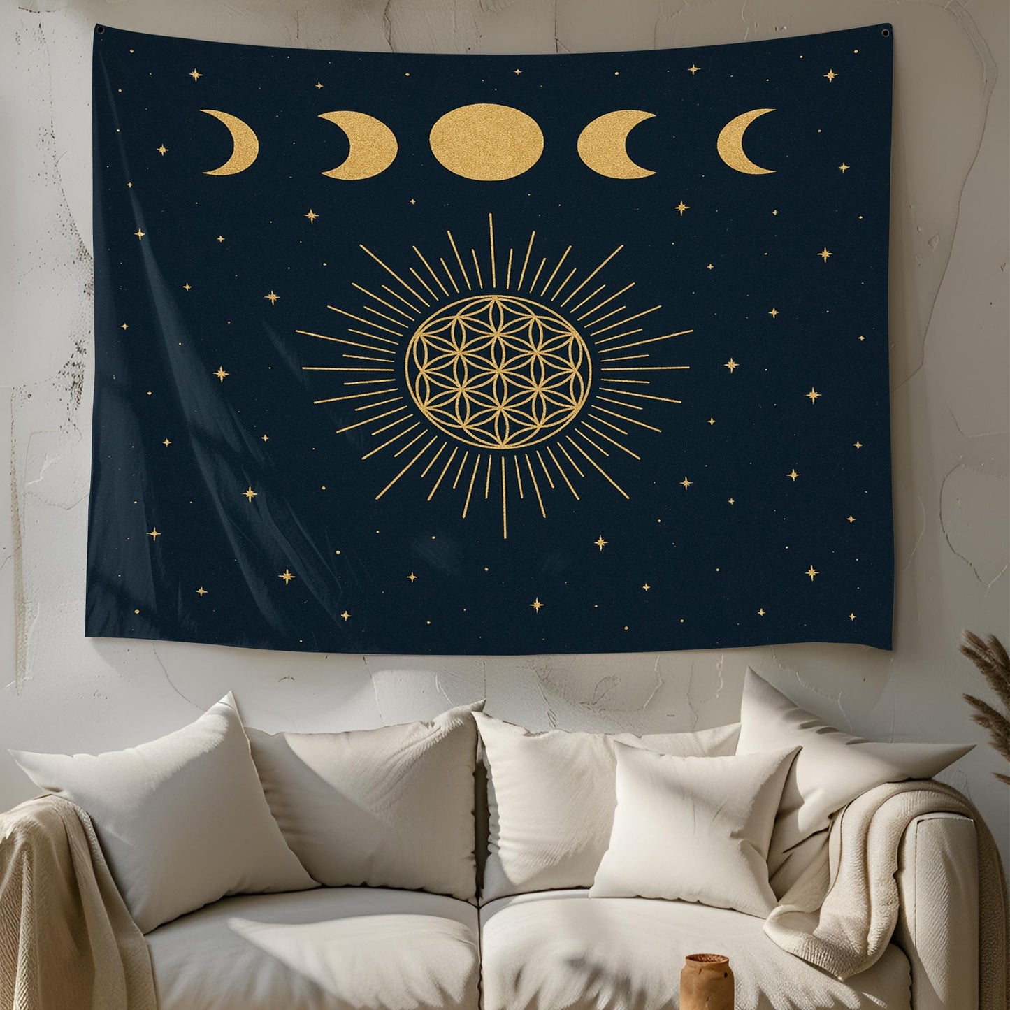 Celestial Moon Phase Wall Tapestry with Sacred Geometry and Stars in Gold on Black β Boho Spiritual Decor for Bedroom Yoga or Meditation