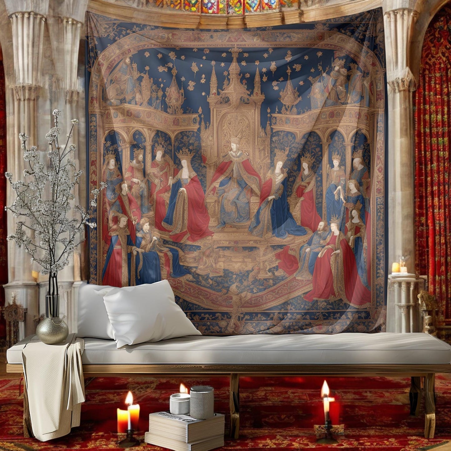 Medieval Royal Tapestry - King and Queen Sitting on Golden Thrones - Gothic Wall Hanging - Renaissance Home Decor - Castle-Inspired Art