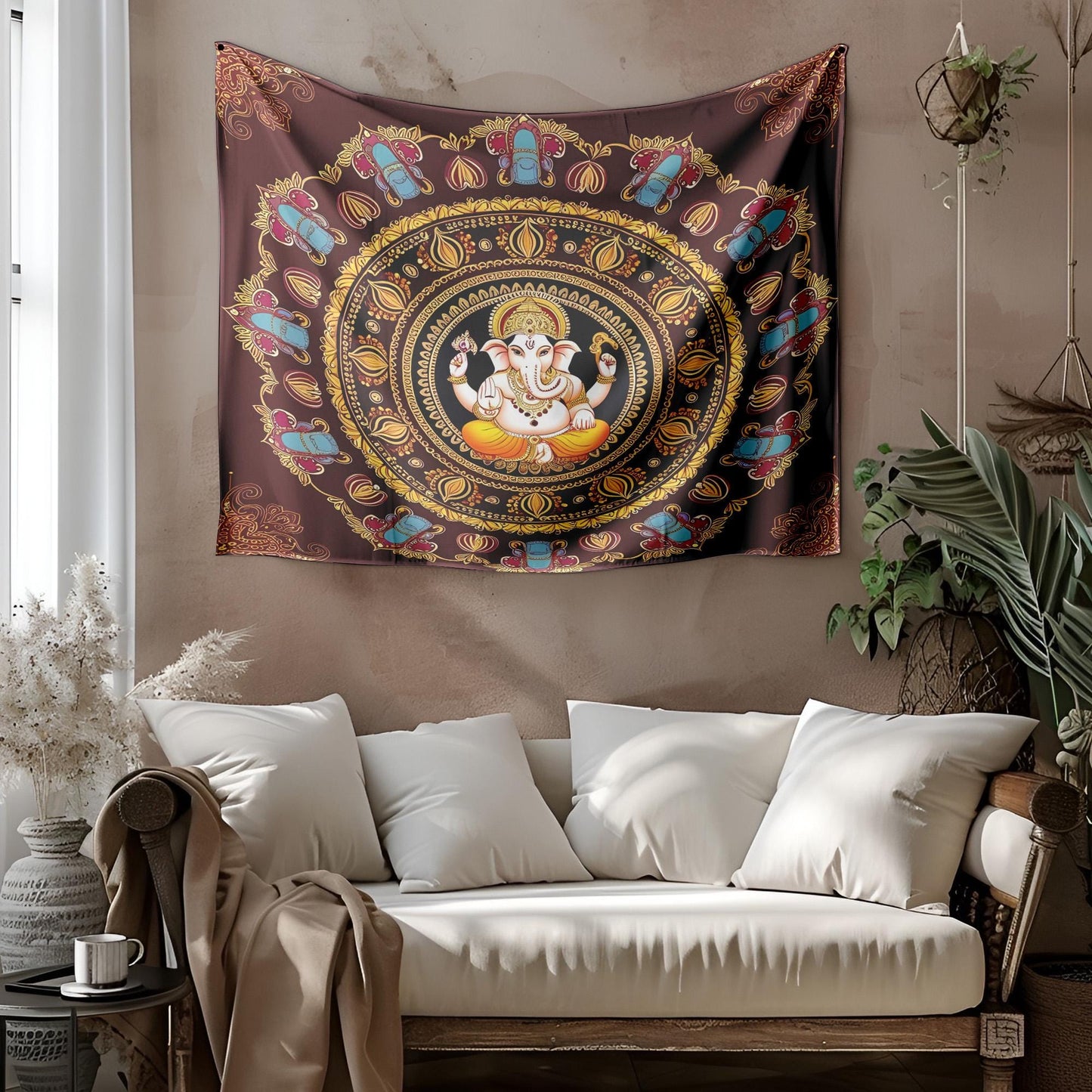 Lord Ganesha Mandala Tapestry, Indian Spiritual Wall Hanging, Elephant Motif Decor, Maroon Saffron Boho Art, Hindu Sacred Design