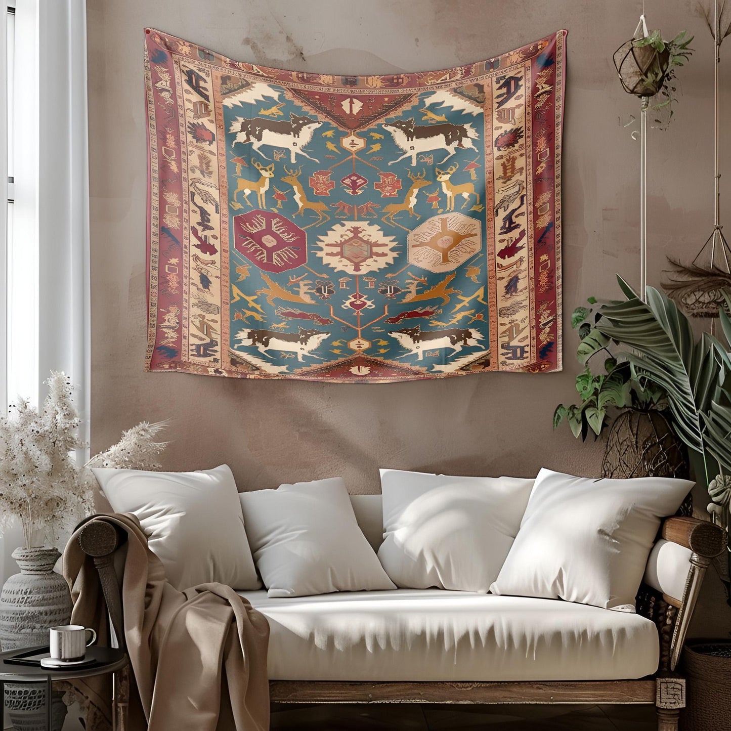 Legendary Turkish Rug Tapestry, Ancient Mythology Symbols, Wolves Deer Dragons Design, Rich Earthy Tones Wall Hanging