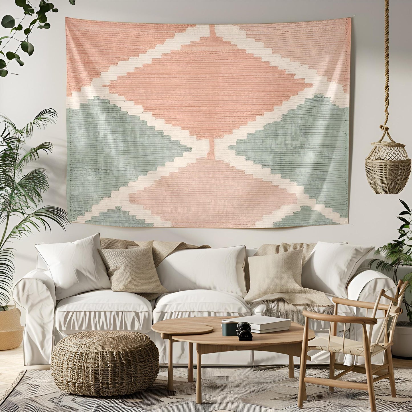 Contemporary Turkish Kilim Tapestry, Soft Pastel Wall Hanging, Peach Mint Green Beige Decor, Modern Anatolian Weave Design , Decor For Room