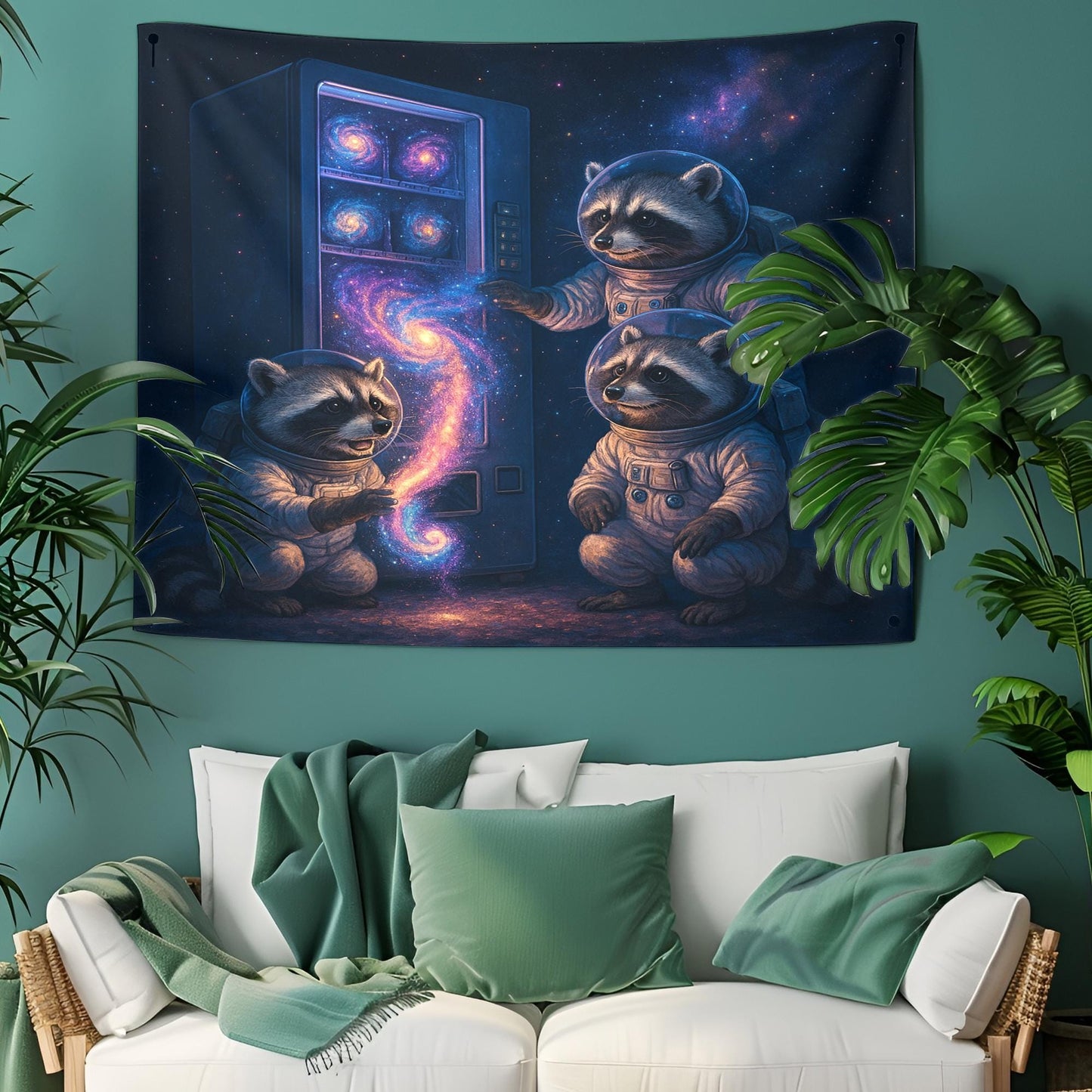 Raccoon Astronaut Tapestry Galaxy Vending Machine Wall Art, Funny Space Decor For Dorm, Cosmic Animal Poster Gift For Sci Fi Lover