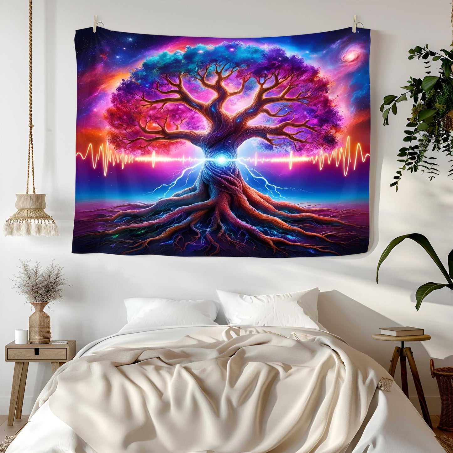 Mystical Cosmic Tree Tapestry, Glowing Branches & Galactic Roots, Neon Energy Waves, Psychedelic Surreal Wall Art, Trippy Wall Art
