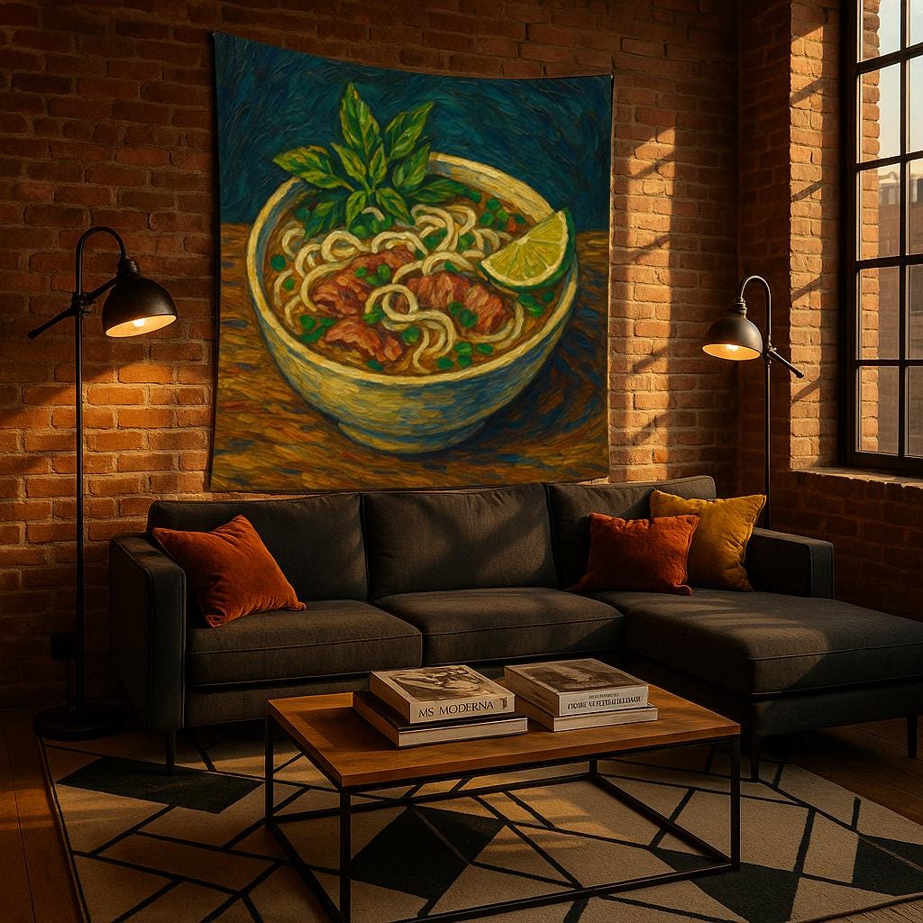 Vietnamese Pho Noodle Soup Wall Tapestry, Hand-Painted Style Food Art with Lime and Herbs, Cozy Kitchen or Dining Room Asian Cuisine Decor