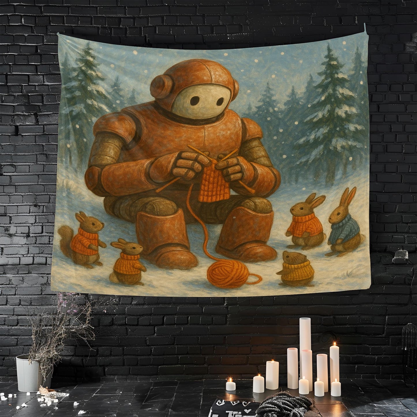 Robot Knitting Tapestry With Woodland Animals, Cozy Winter Wall Art, Whimsical Bunny Decor For Kids Room, Gift For Sci Fi Fantasy Lovers