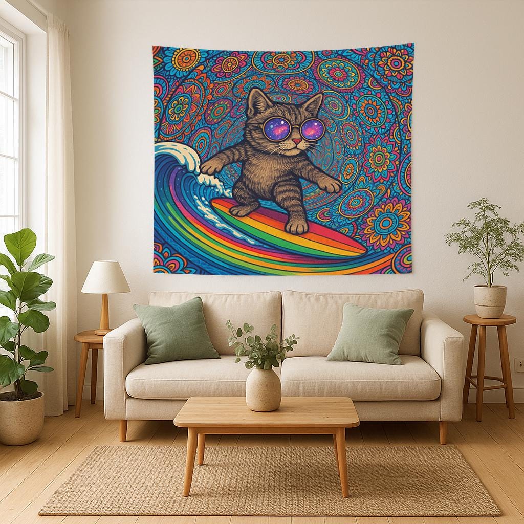 Psychedelic Surfing Cat Wall Tapestry, Trippy Rainbow Surfboard Art with Cool Kitten in Sunglasses, Fun Boho Decor for Dorm or Bedroom