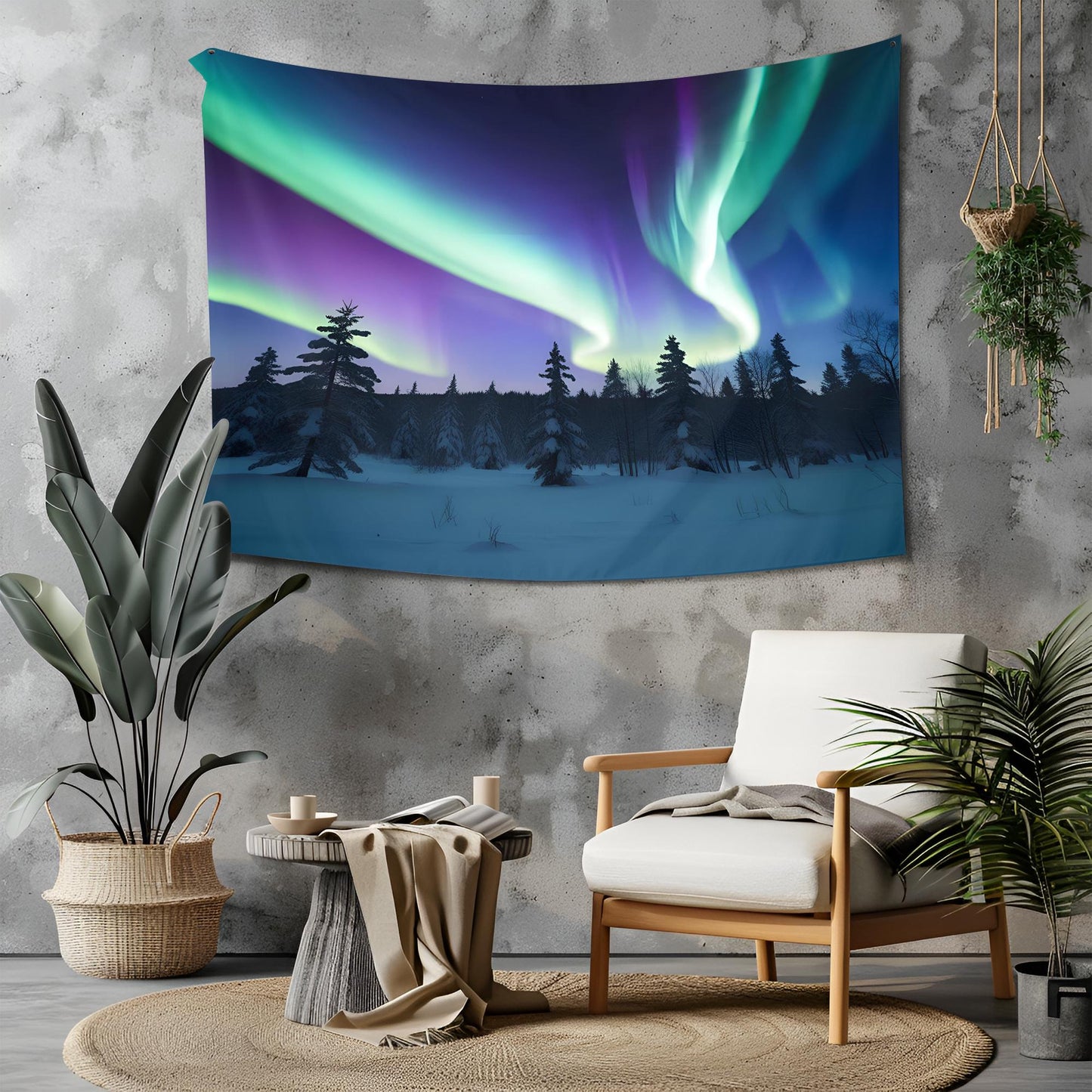 Snowy Forest Tapestry, Vibrant Aurora Borealis Sky with Swirling Northern Lights, Deep Blue Purple Minimalist Pine Silhouette Art