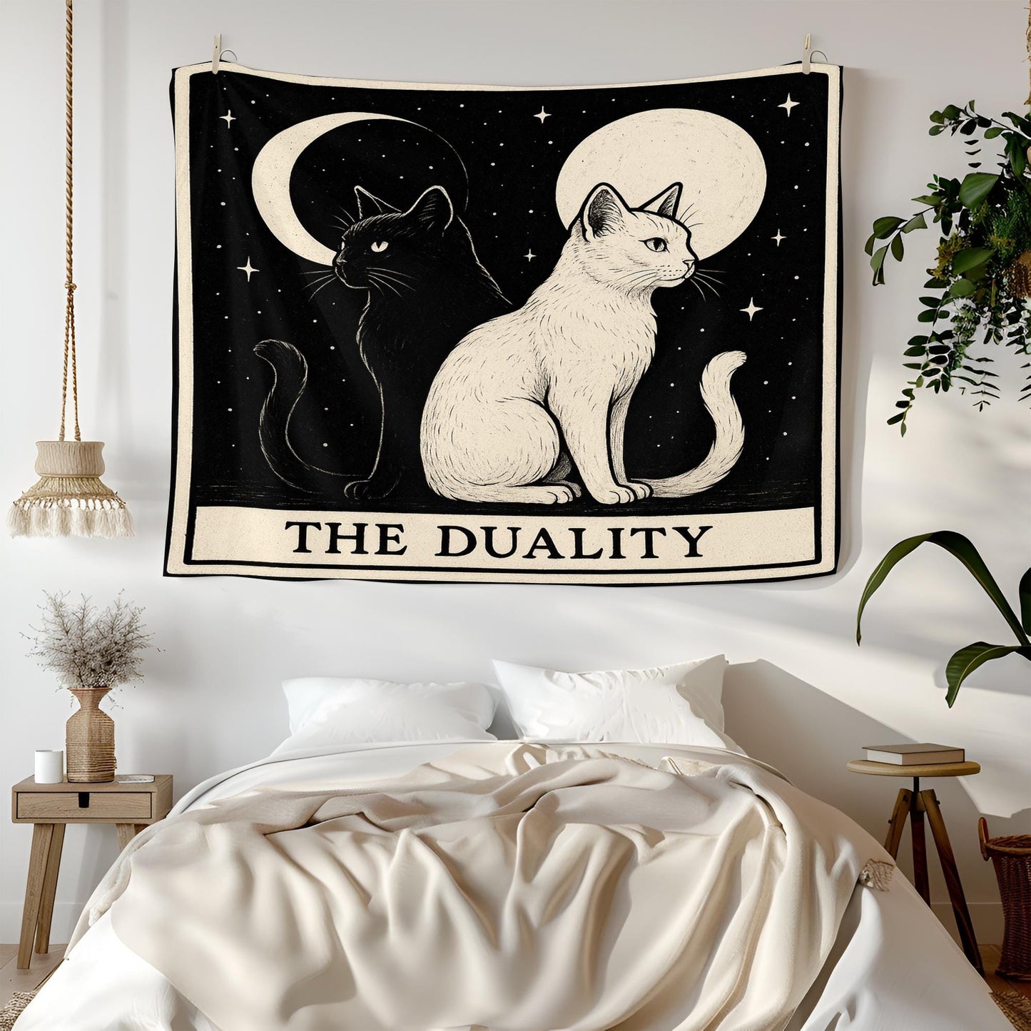 The Duality Cat Tapestry – Yin Yang Cat Wall Art, Black and White Cat Decor, Mystical Gothic Tapestry for Boho, Altar, or Bedroom Walls
