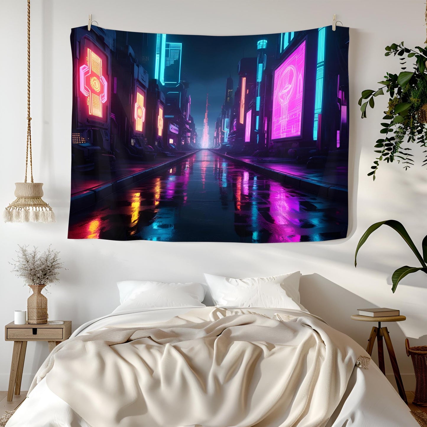 Futuristic Cyberpunk City Tapestry, Neon Holograms, Psychedelic Nightscape with Vibrant Reflections, Ultra-High Detail Art