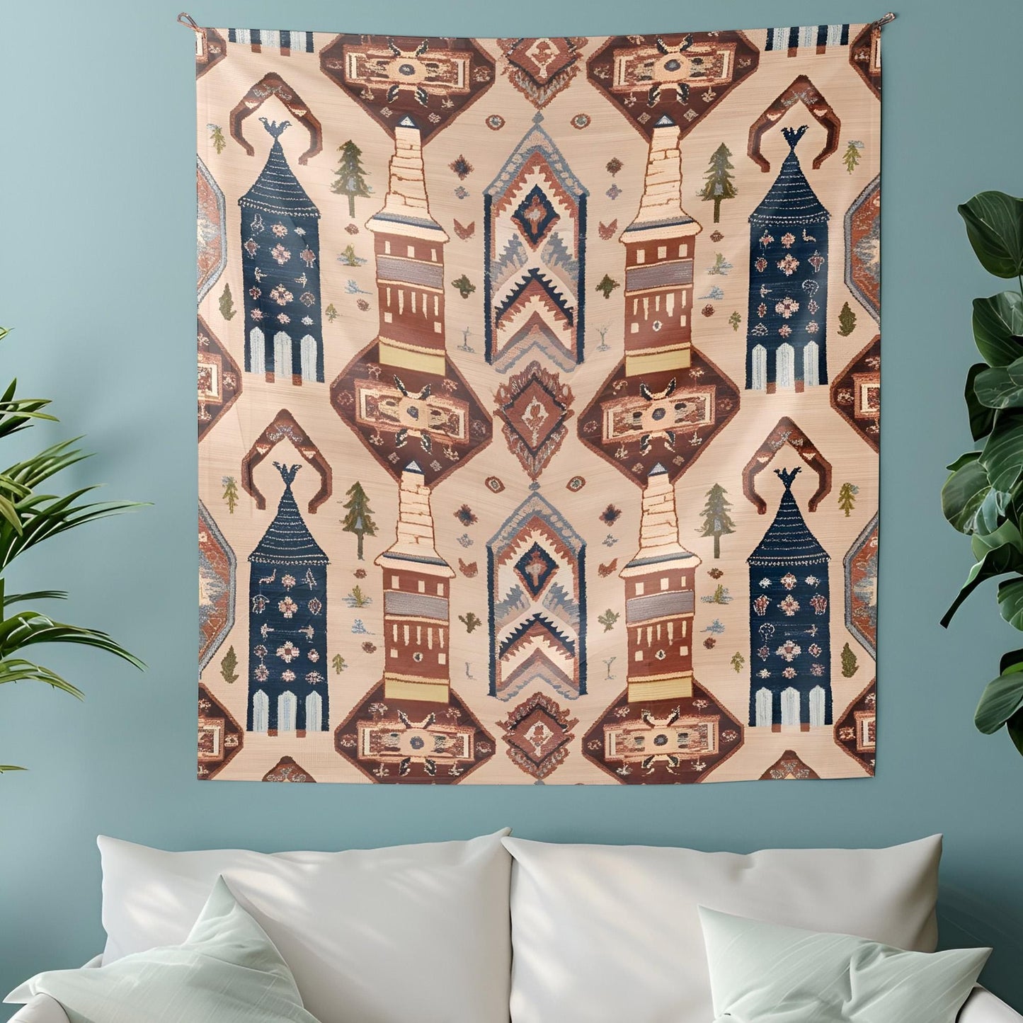 Cappadocia Turkish Tapestry, Fairy Chimneys Wall Hanging, Anatolian Rug Pattern Decor, Dusty Rose Terracotta Deep Blue Art