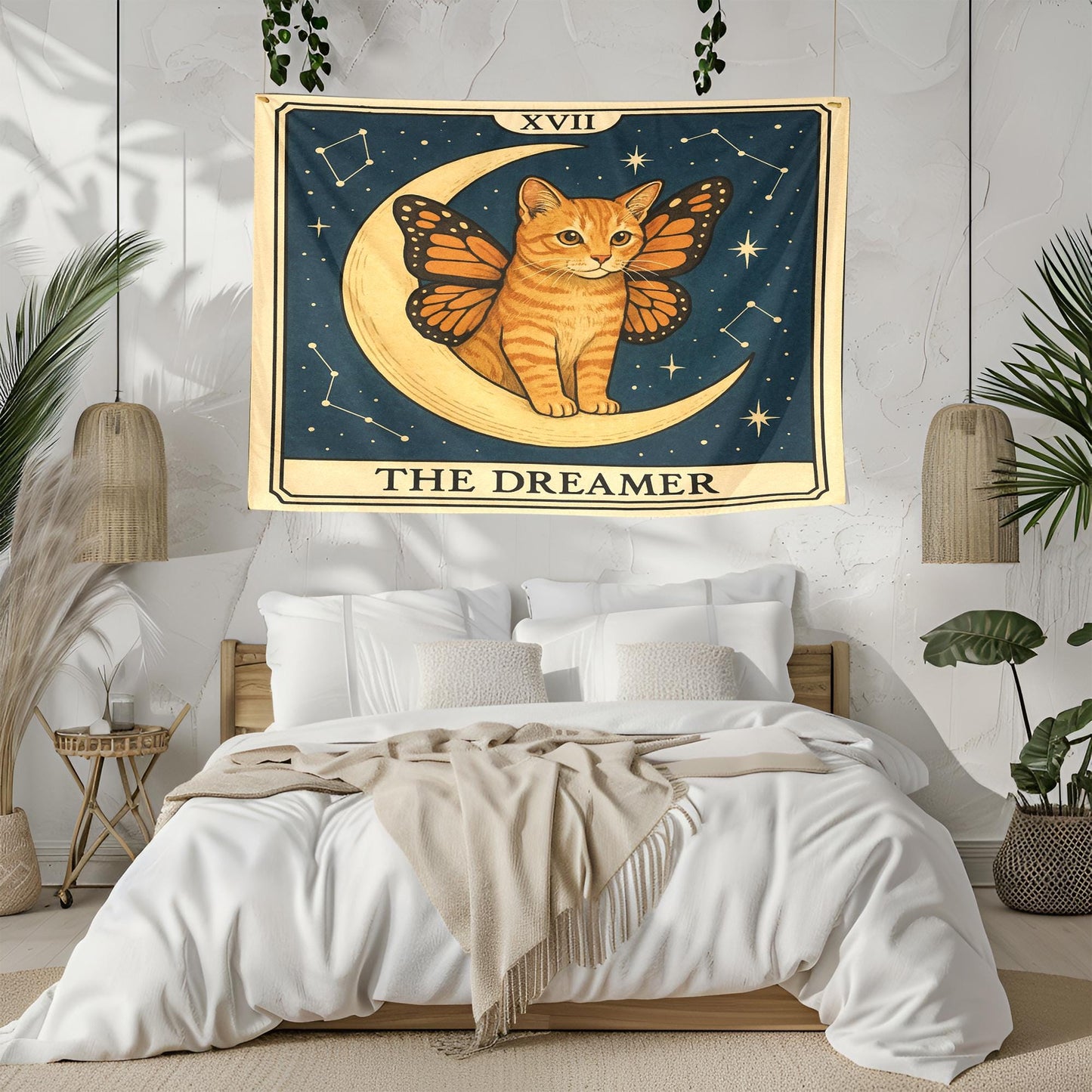 The Dreamer Cat Tapestry – Celestial Cat Wall Art, Butterfly Wing Cat Decor, Magical Tarot-Inspired Tapestry for Boho or Bedroom Walls