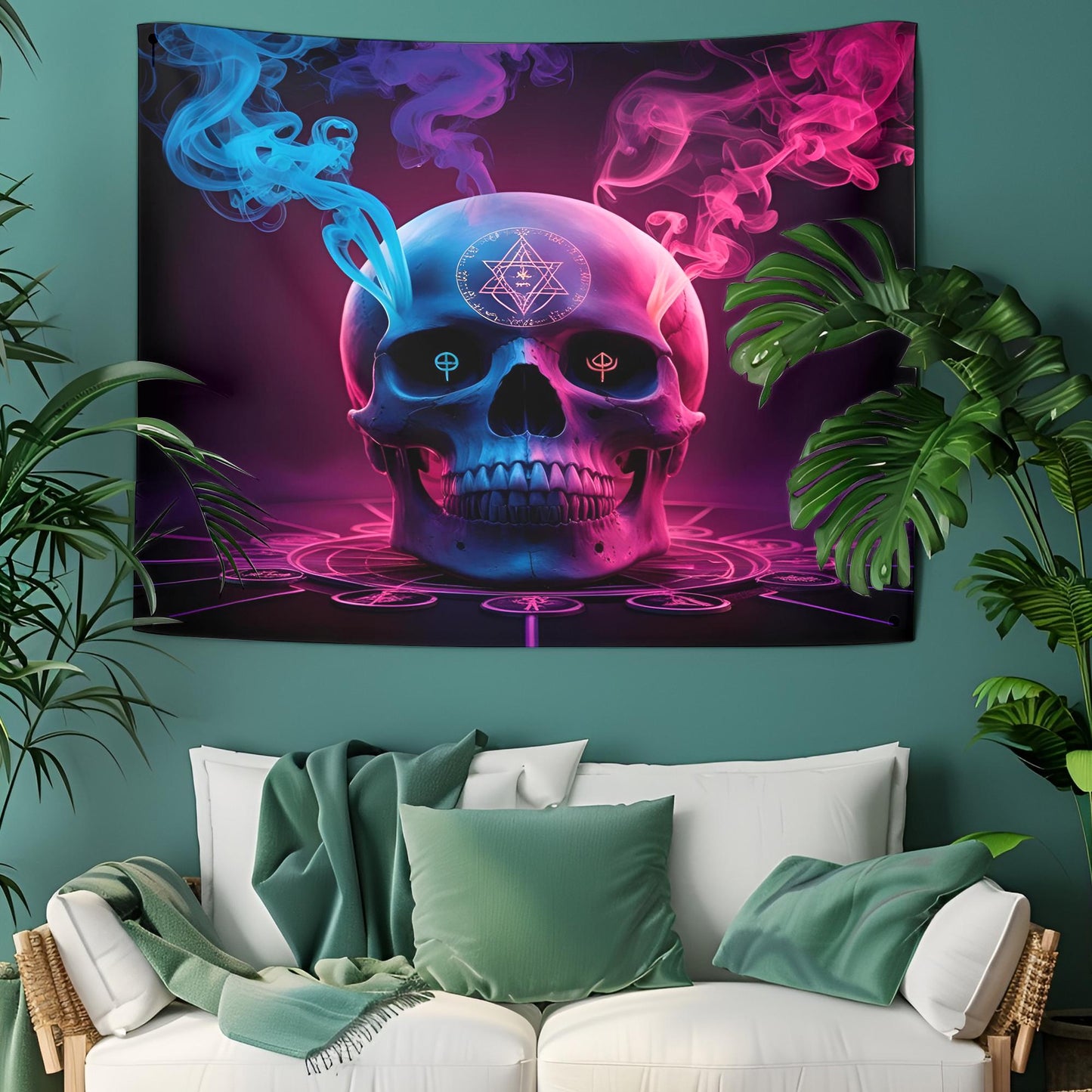 Mystical Skull Tapestry, Neon Smoke & Sacred Symbols, Dark Surreal Wall Art, Hyper-Detailed Psychedelic Decor, Trippy Wall Decoration