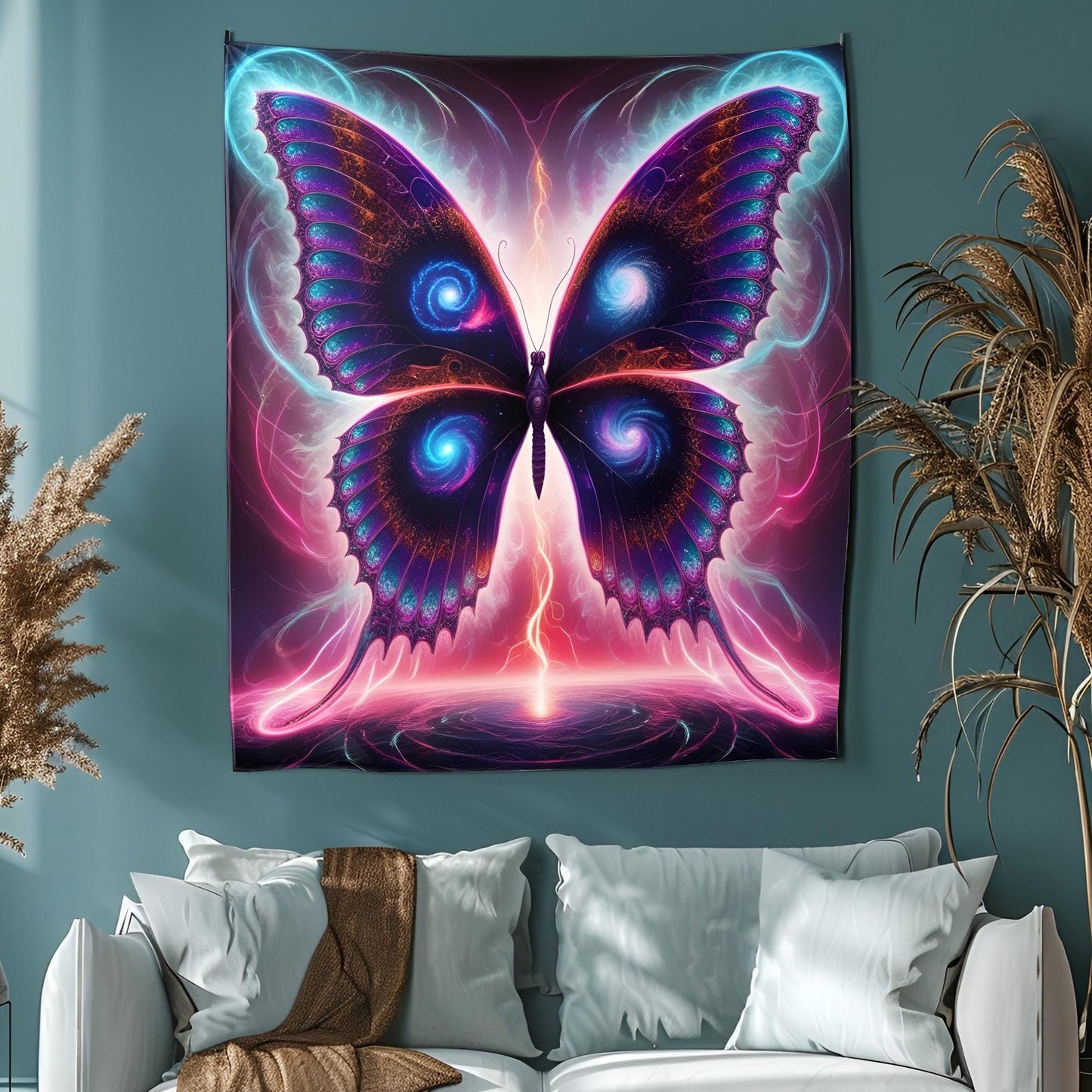 Psychedelic Galaxy Butterfly Tapestry, Neon Fractal Wings, Glowing Energy Trails, Surreal Dreamscape Wall Art, Trippy Tapestry, Psychedelic