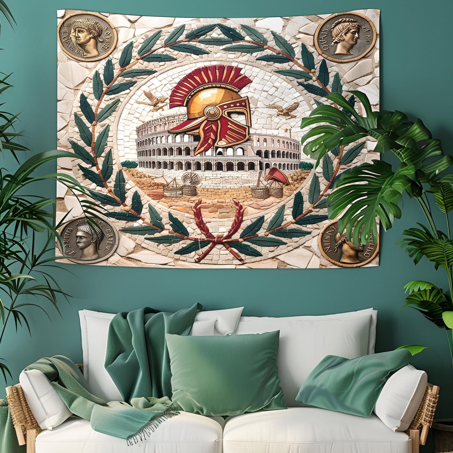 Roman Mosaic Tapestry with Gladiator Helmets, Laurel Wreaths, Colosseum & Ancient Coin Details, Marble Texture Classical Wall Art
