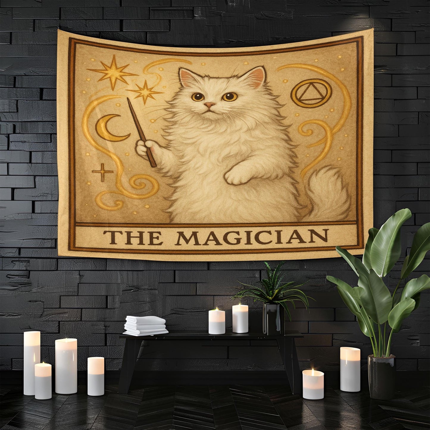 The Magician Cat Tapestry – Tarot Wall Hanging, White Cat Witchy Decor, Mystical Boho Tapestry for Spiritual or Bedroom Spaces