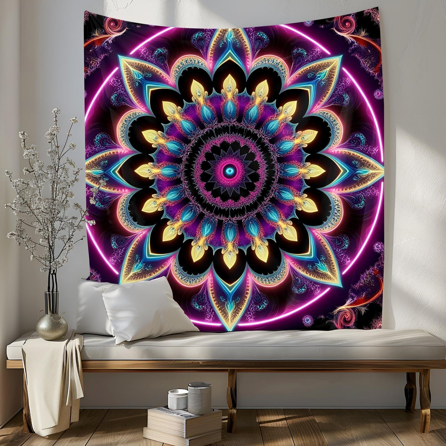 Psychedelic Fractal Mandala Tapestry, Neon Sacred Geometry Wall Art, Hypnotic Waves & Vibrant Patterns, Ultra HD Trippy Decor, Psychedelic