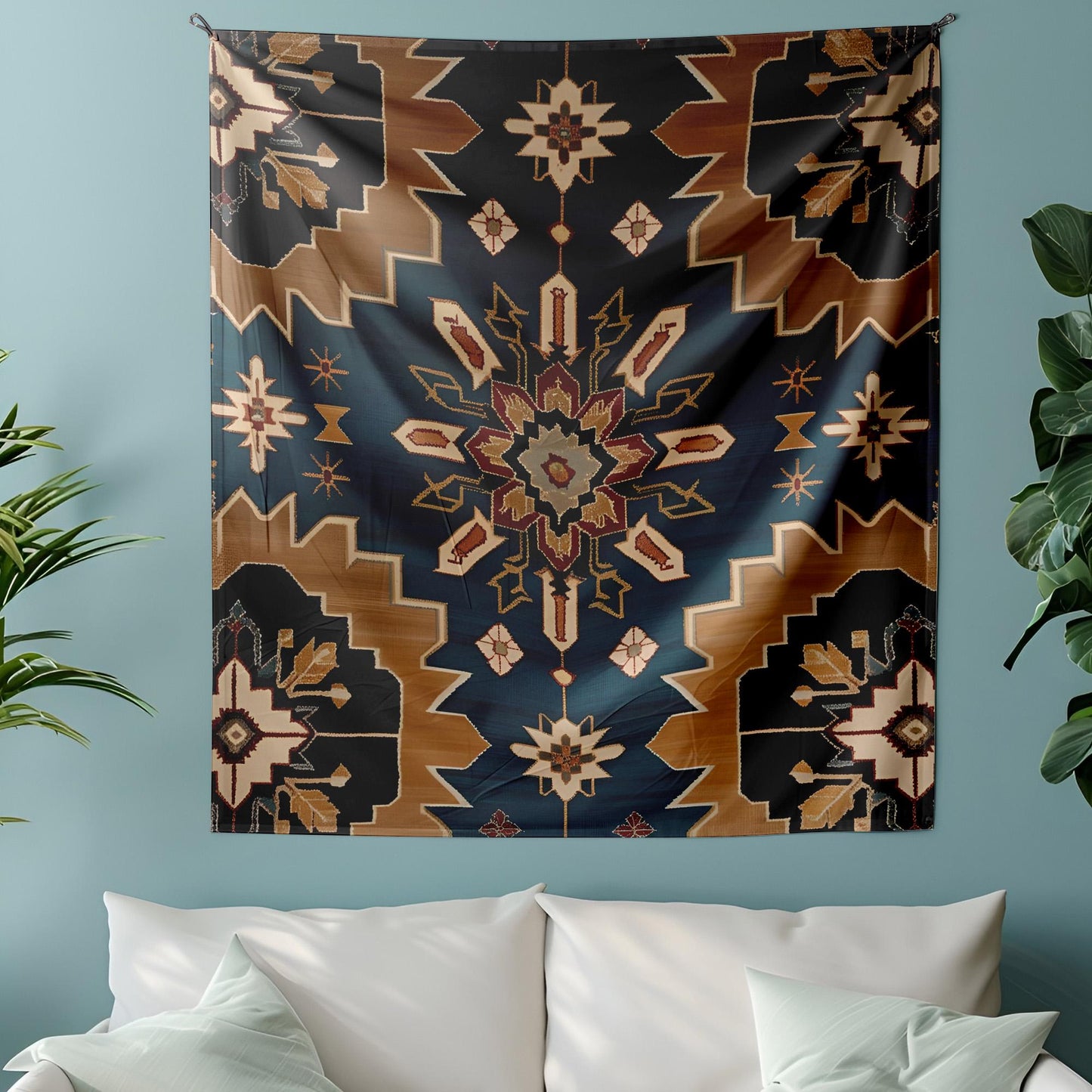 Turkish Seljuk Rug Tapestry, Symmetrical Geometric Wall Hanging, Eight-Pointed Star Design, Deep Turquoise Gold Decor,Turkish Rug Tapestry