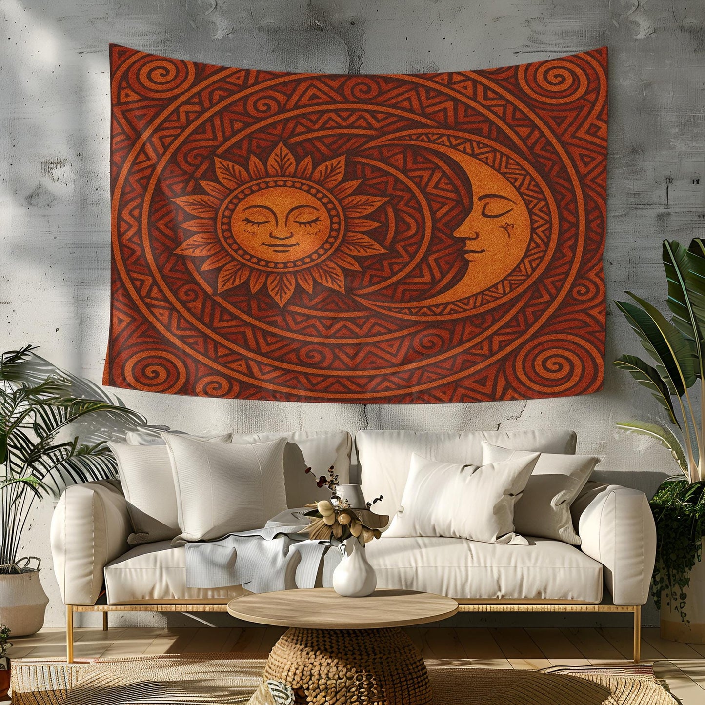 Sun and Moon Tapestry Wall Hanging β Tribal Celestial Boho Decor with Smiling Faces and Swirled Earthy Orange Geometric Mandala Design