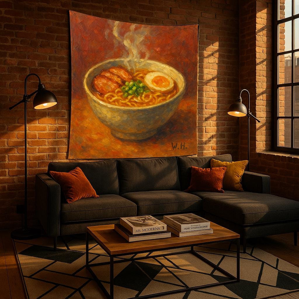 Ramen Bowl Wall Art Print, Japanese Noodle Soup Painting with Egg and Pork, Warm Kitchen Decor for Food Lovers and Ramen Enthusiasts