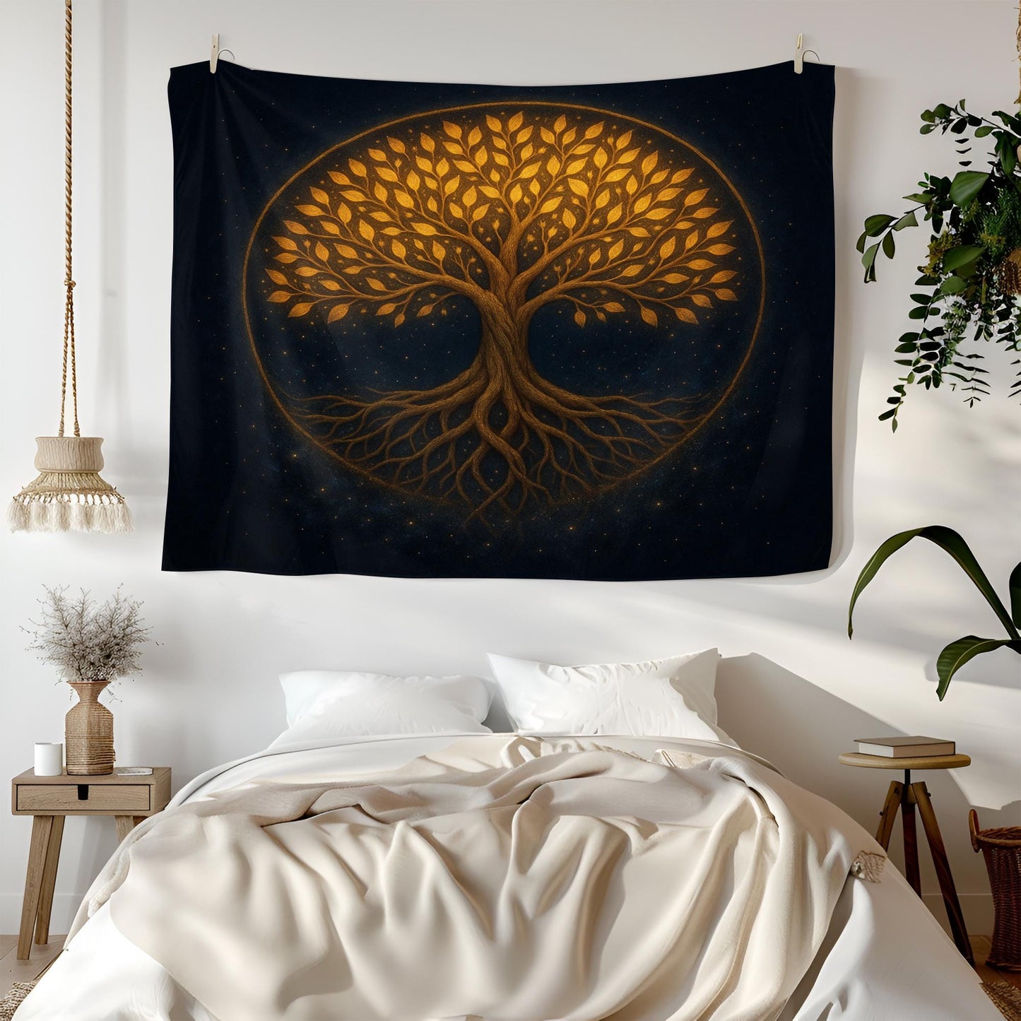 Golden Tree of Life Wall Tapestry, Mystical Night Forest Design, Boho Spiritual Wall Hanging for Bedroom, Living Room or Meditation Decor