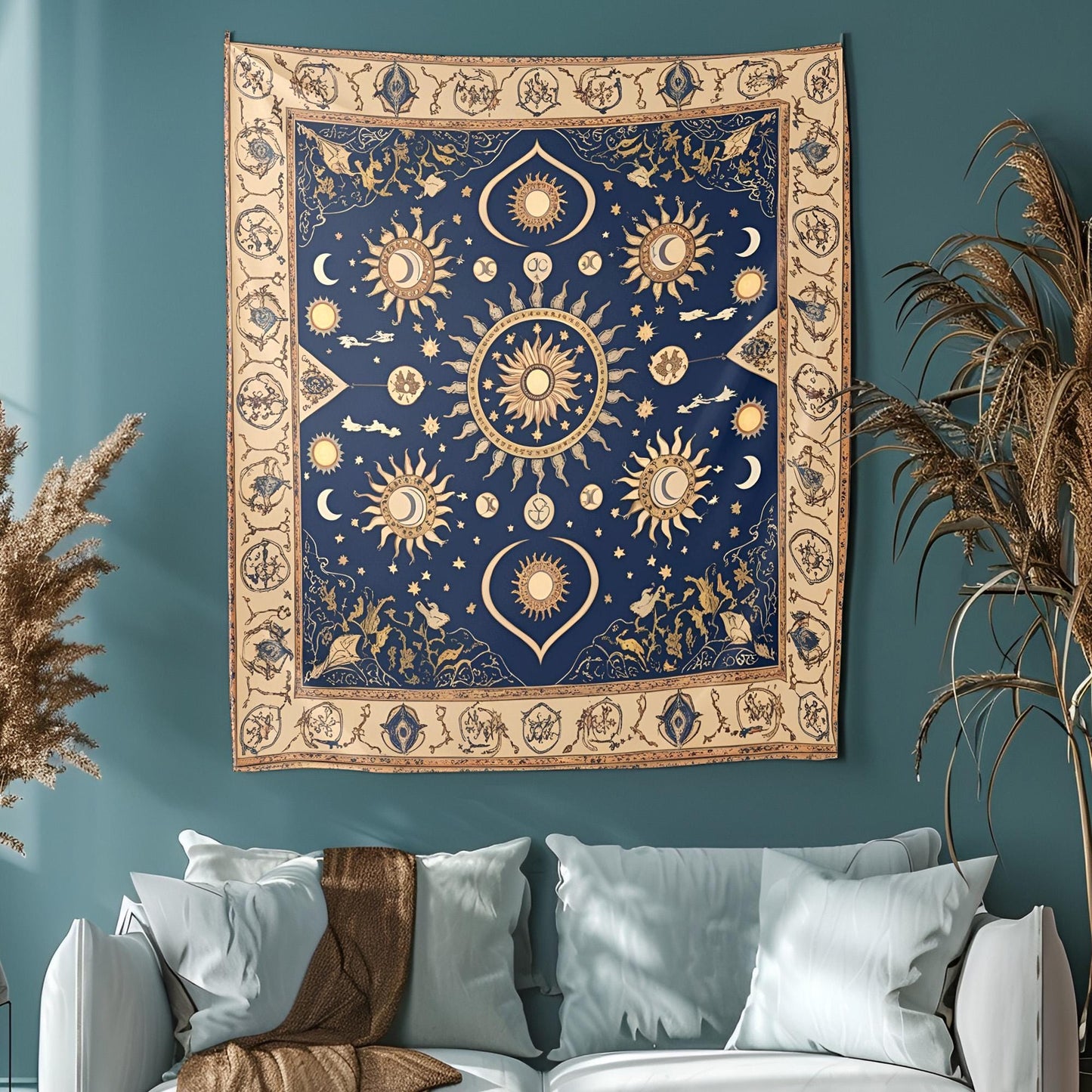 Celestial Sun & Moon Tapestry, Mystical Anatolian Wall Hanging, Deep Blue Beige Gold Decor, Ancient Sacred Patterns , Tapestry For Room