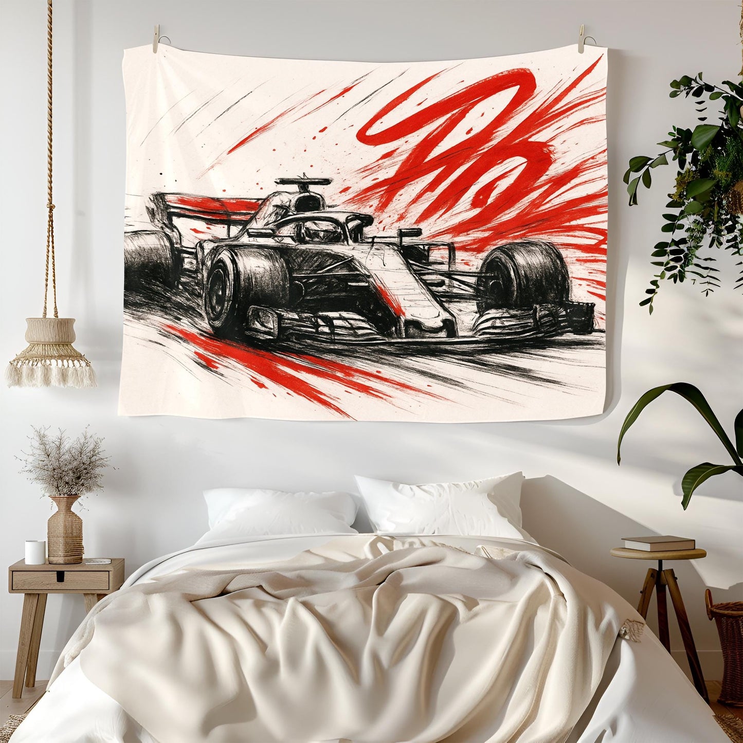 Formula 1 Racing Sketch Tapestry, Red & Black F1 Car Wall Art, Speed Decor for Car Lovers, Motorsport Man Cave Gift, Dynamic Auto Print