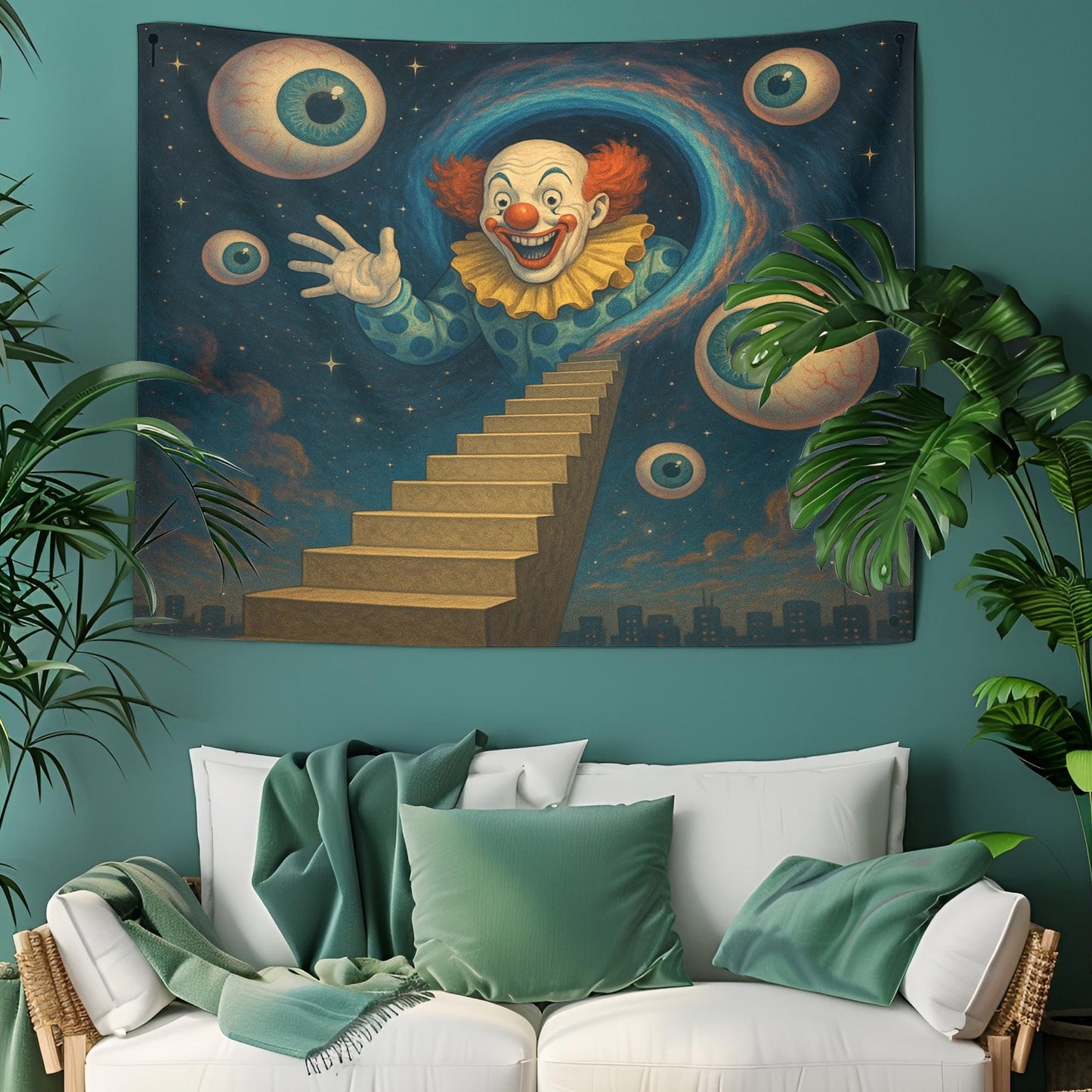 Staircase To Stars Tapestry With Clown Emerging From Wormhole And Orbiting Eyeballs, Surreal Psychedelic Wall Art, Gift For Him Or Her