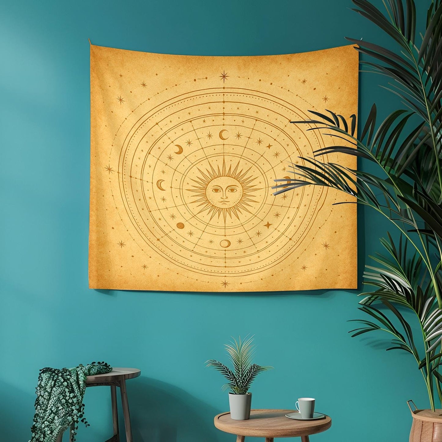 Mystical Celestial Wall Tapestry with Sun Moon Phases and Star Map β Vintage Beige Astrological Wall Art for Boho Bedroom or Meditation