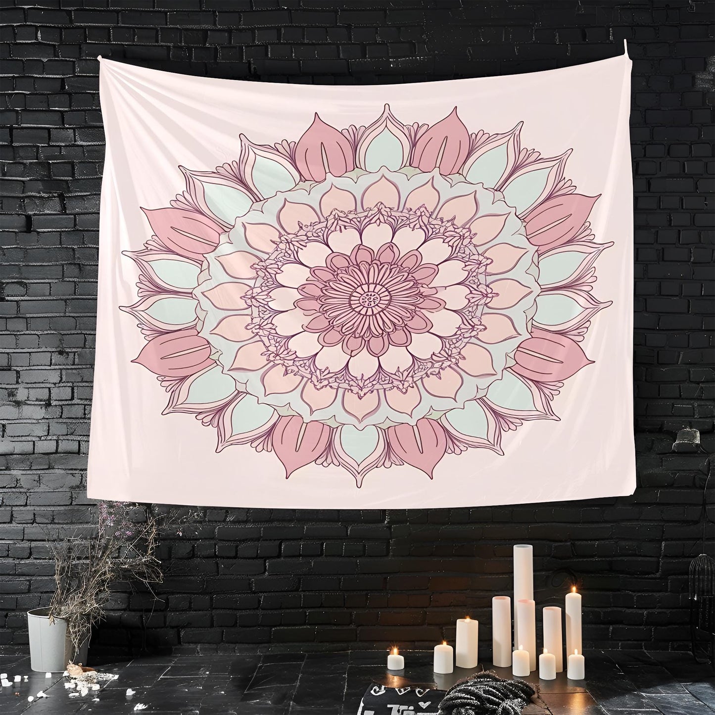 Delicate Floral Mandala Tapestry, Symmetrical Lotus Petals & Soft Pastel Tones, Calming Aesthetic with Intricate Botanical Patterns