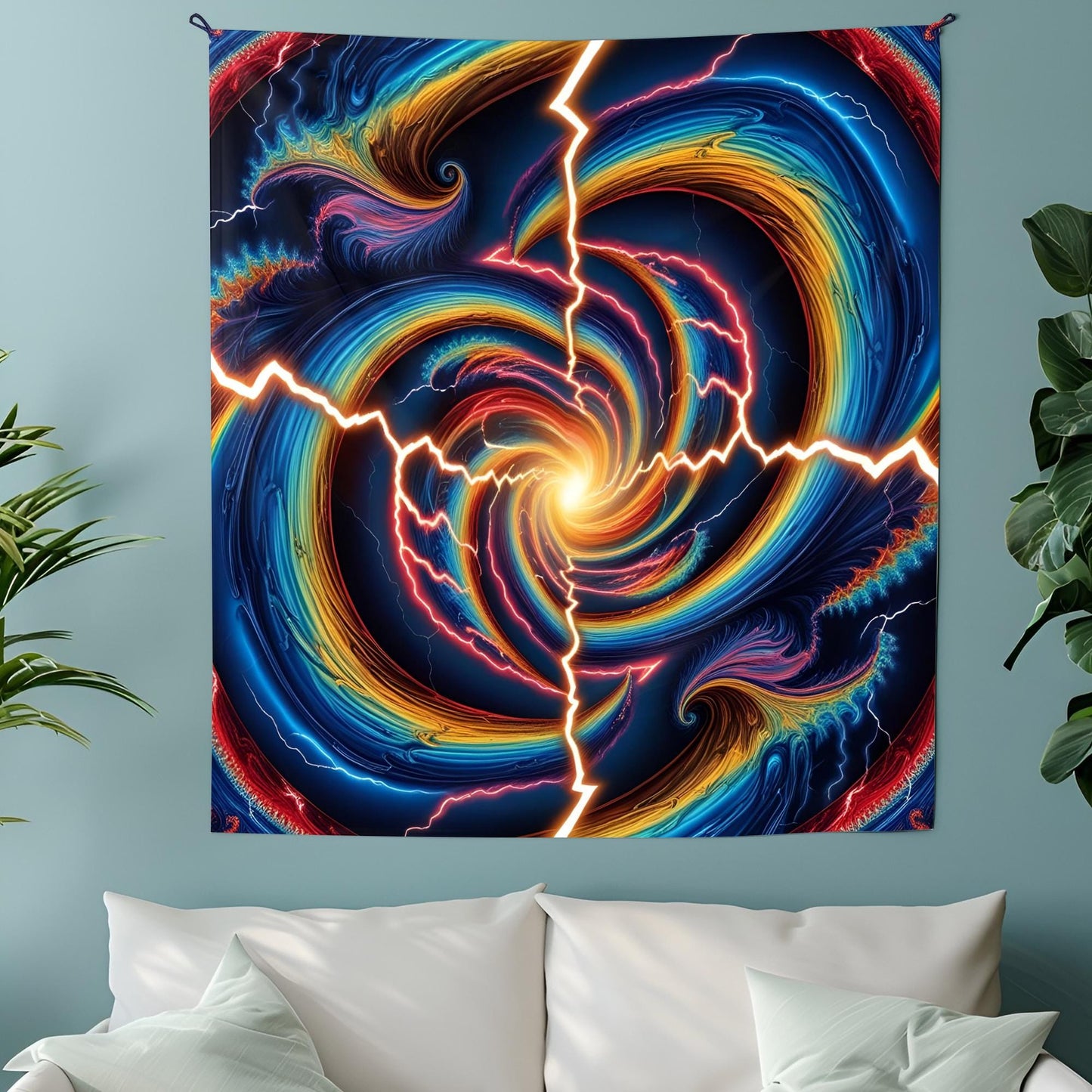 Psychedelic Optical Illusion Tapestry, Swirling Electric Waves, Rainbow Lightning & Hypnotic Fractal Vortex Wall Art