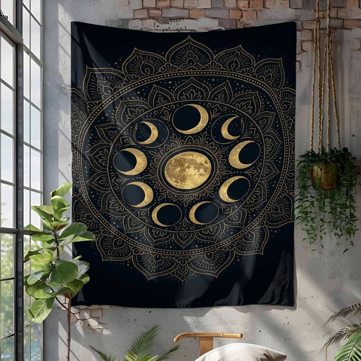 Symmetrical Full Frame Moon Phase Tapestry with Mandala Design and Gold Line Details on Dark Navy Blue Background Wall Hanging