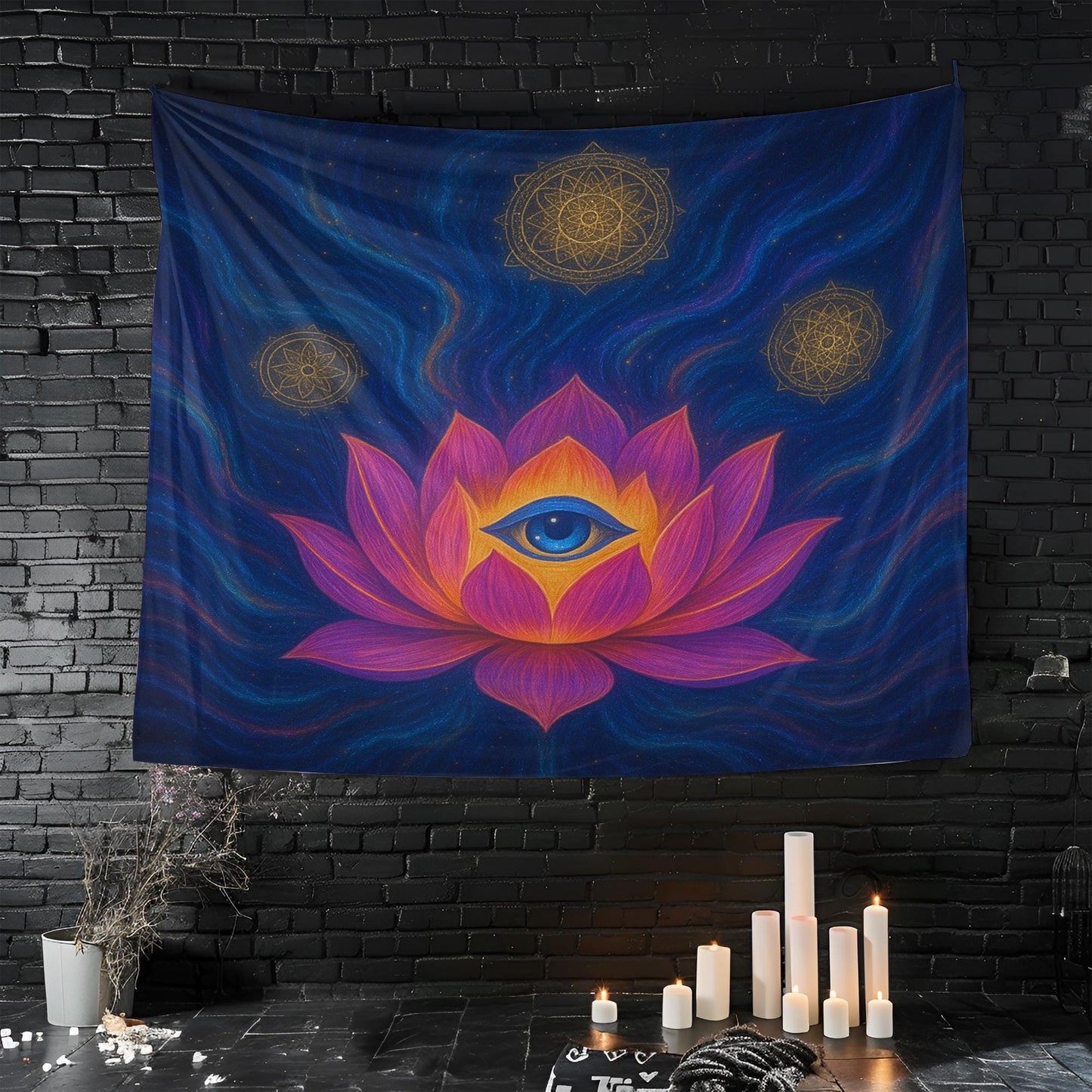 Third Eye Lotus Flower Wall Tapestry, Spiritual Room Decor With Sacred Symbols, Psychedelic Vision Art Gift For Meditation Lovers Or Yogis