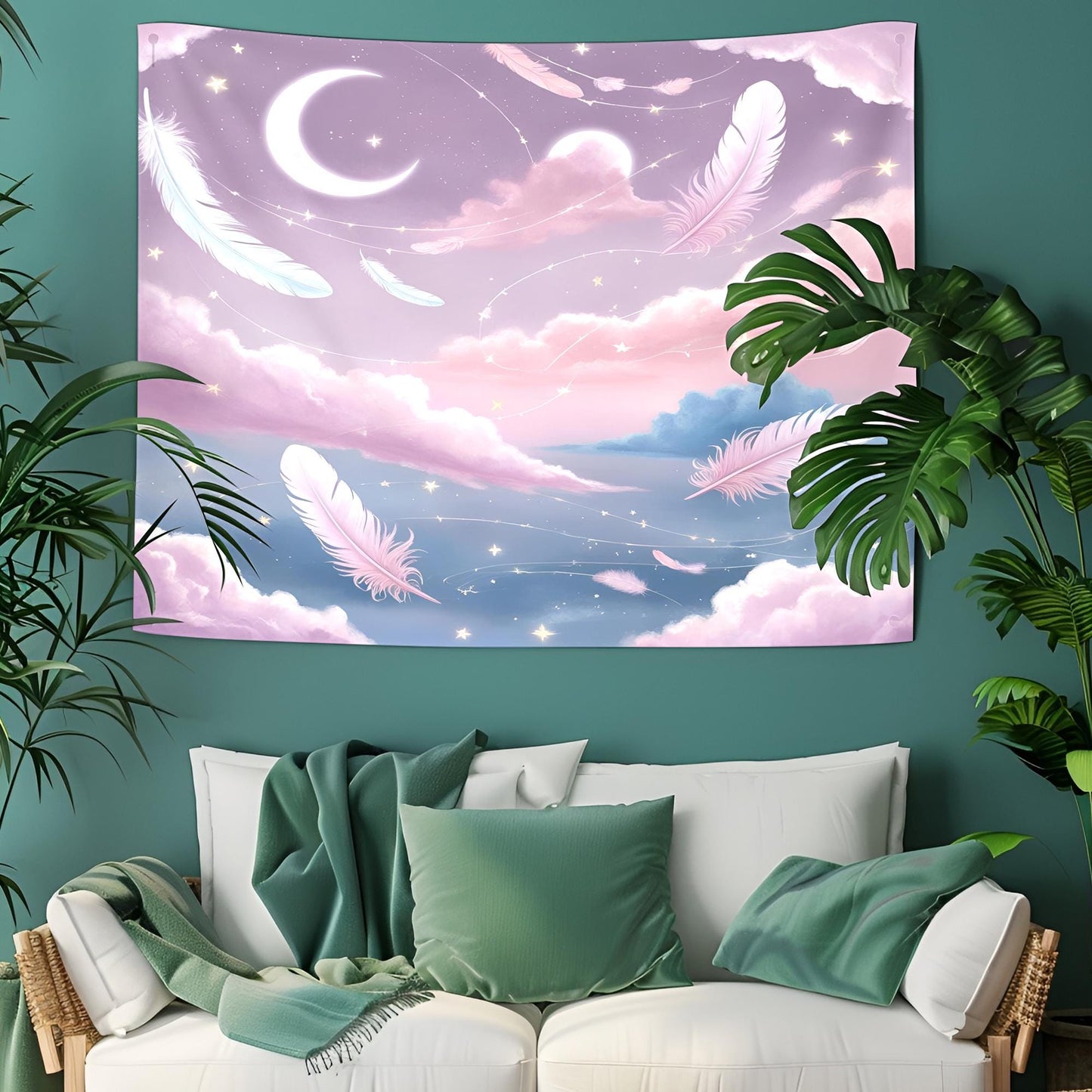 Dreamy Galaxy Tapestry with Floating Crescent Moons, Drifting Feathers, Glowing Clouds & Star Trails in Lilac Blush Pink Baby Blue