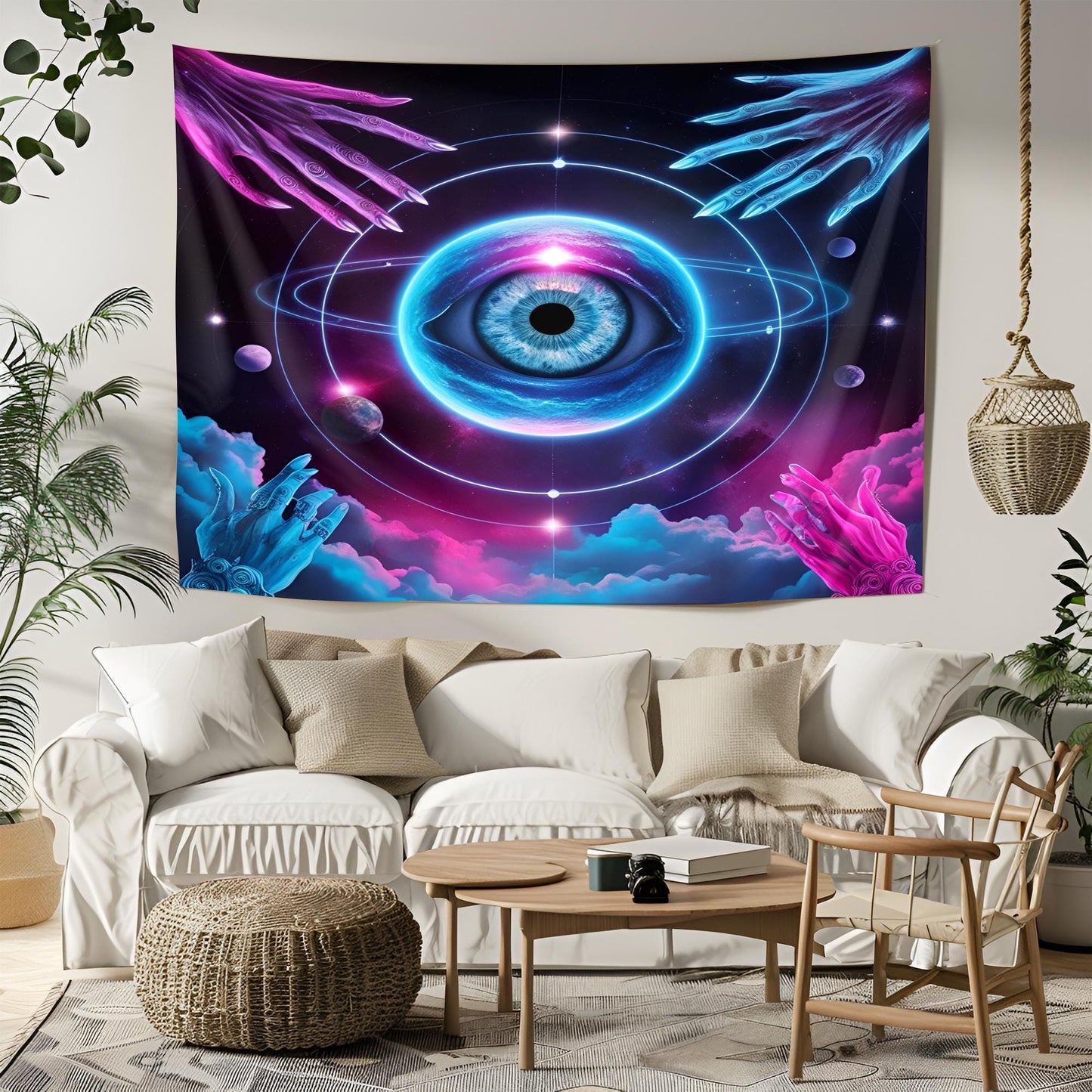 Celestial Eye Tapestry, Cosmic Vision Wall Art, Mystical Hands & Planetary Orbits, Neon Blue Pink Surreal Decor, Psychedelic Tapestry