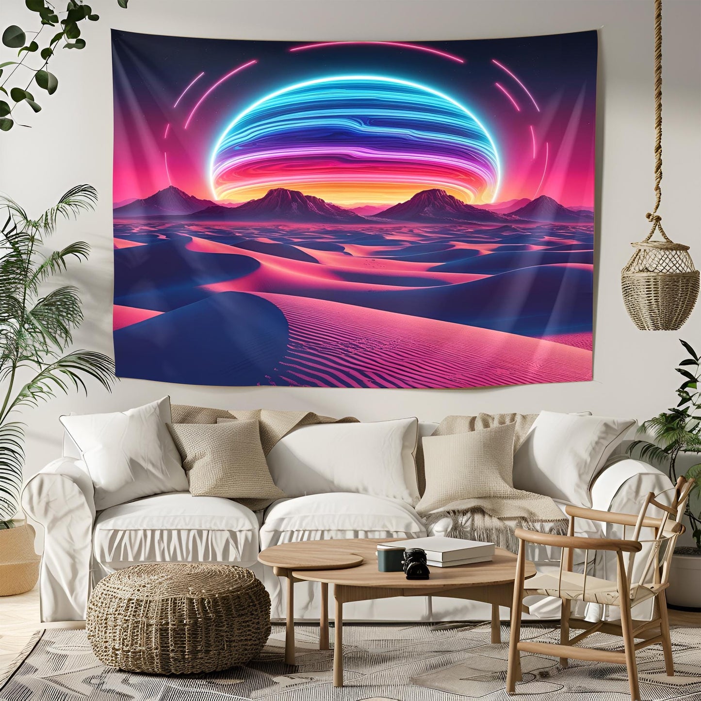 Psychedelic Desert Tapestry, Glowing Sand Dunes & Neon Sun, Surreal Melting Mountains, Retro-Futuristic Dreamscape Art, Trippy Tapestry