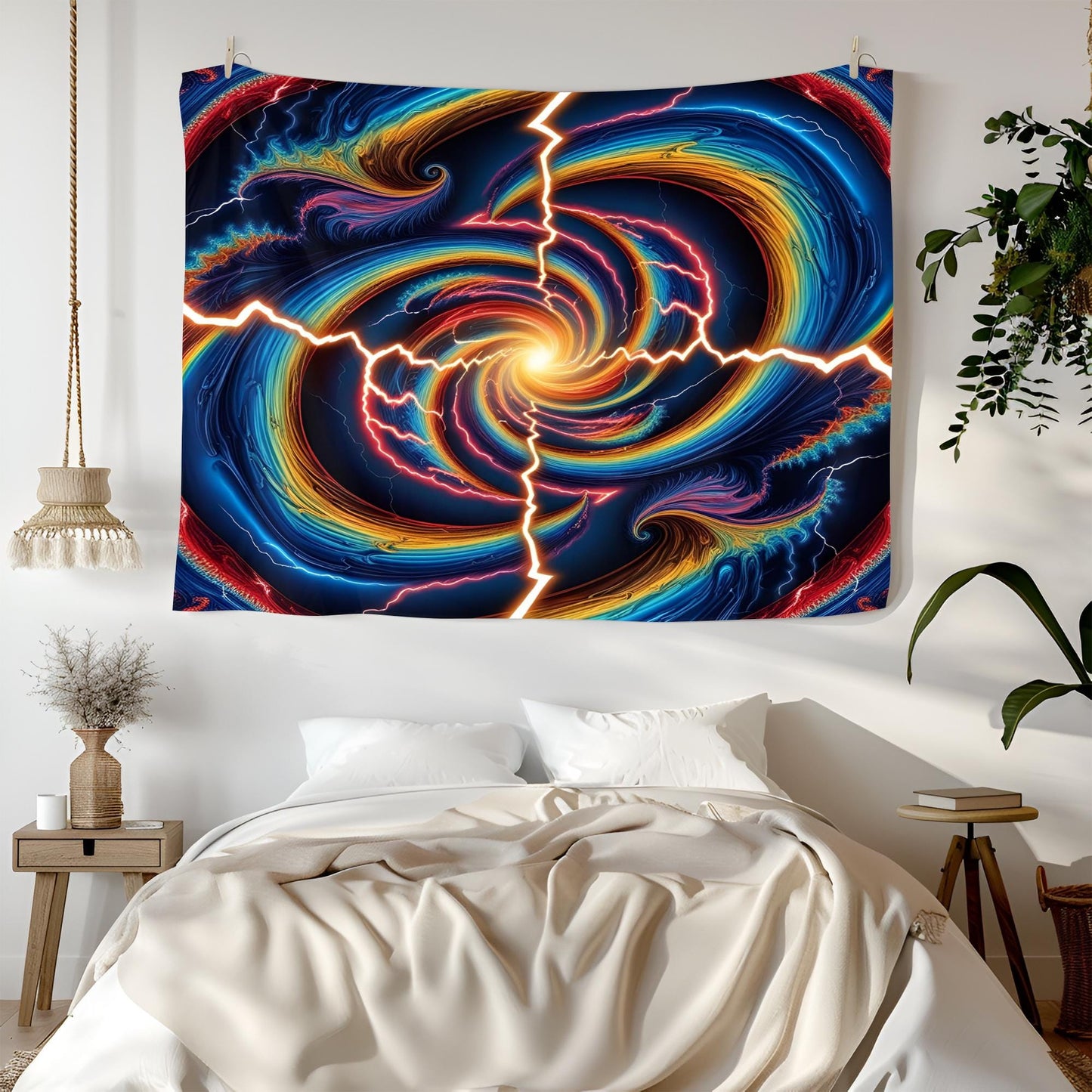 Psychedelic Optical Illusion Tapestry, Swirling Electric Waves, Rainbow Lightning & Hypnotic Fractal Vortex Wall Art