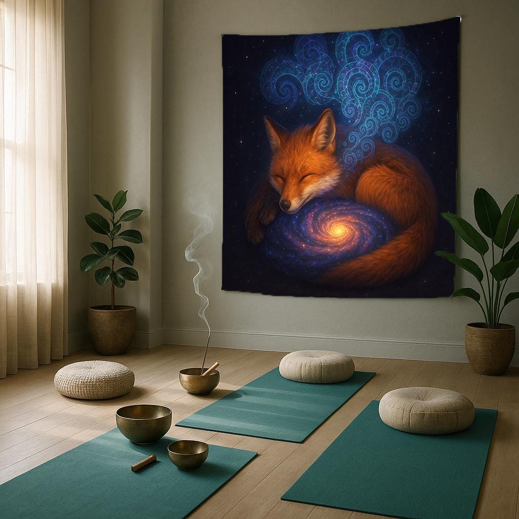 Sleeping Fox Galaxy Wall Tapestry, Mystical Animal and Universe Art Print, Dreamy Celestial Decor for Boho Bedroom or Meditation Space