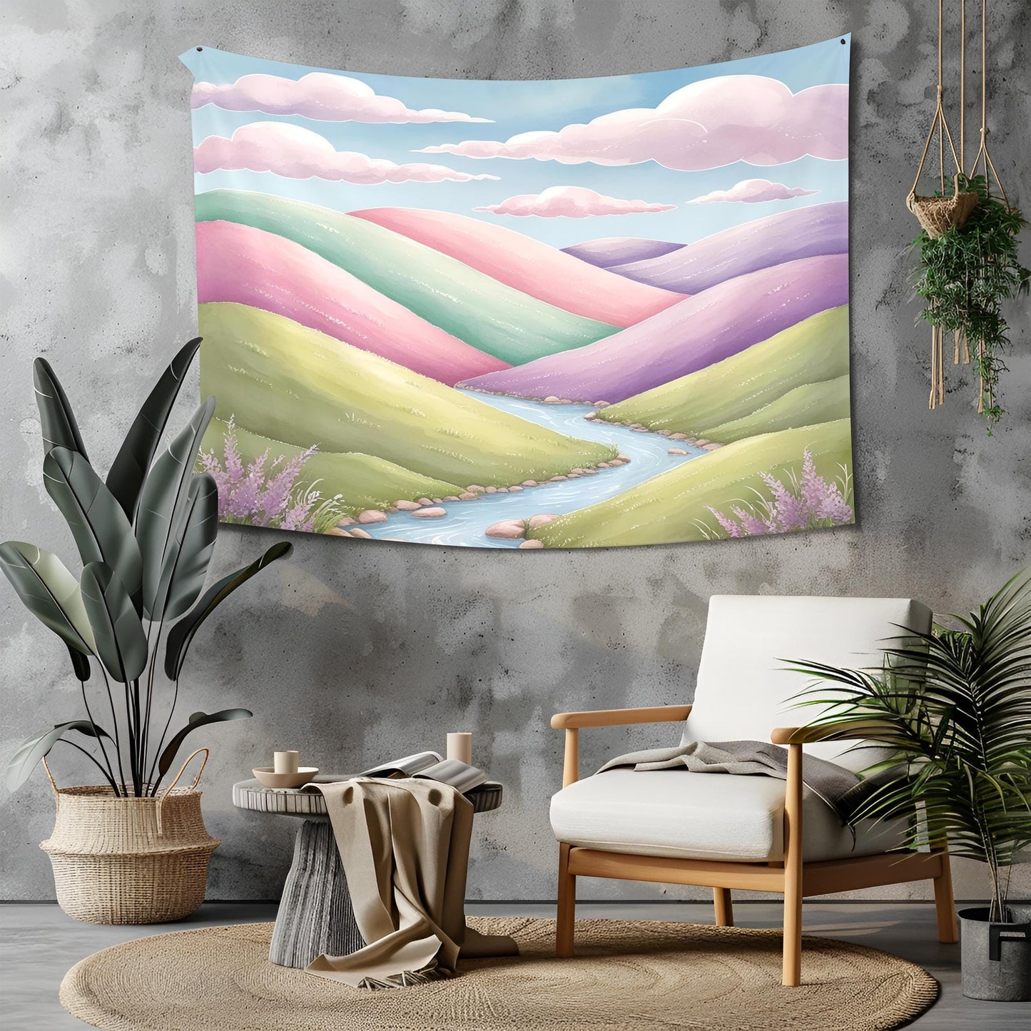 Pastel Rolling Hills Tapestry, Soft Pink Mint Green Lavender Landscape, Gentle Watercolor Clouds & Winding Rivers, Dream Nature Art Tapestry