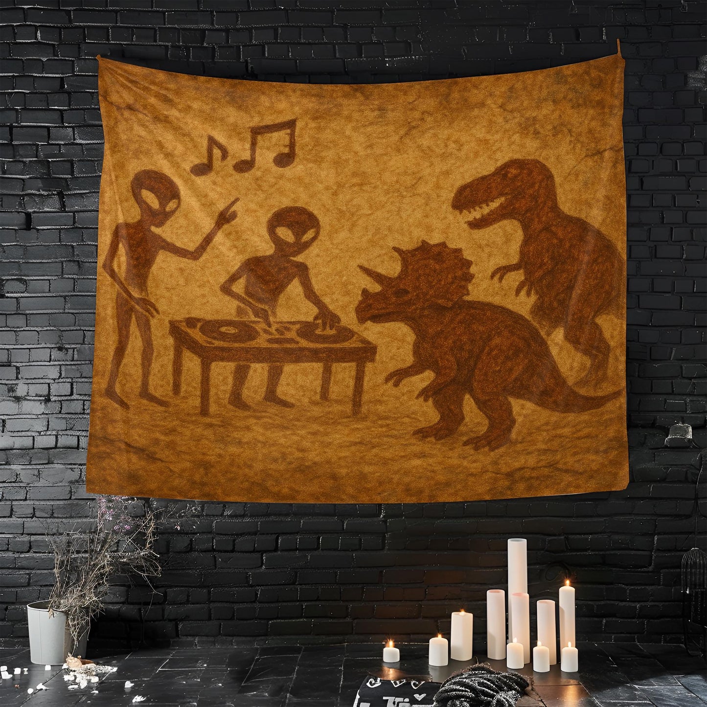 Alien DJ Dinosaur Party Tapestry, Funny Wall Art With UFO Music Scene, Prehistoric Club Decor, Unique Gift For Sci Fi And Dino Lovers