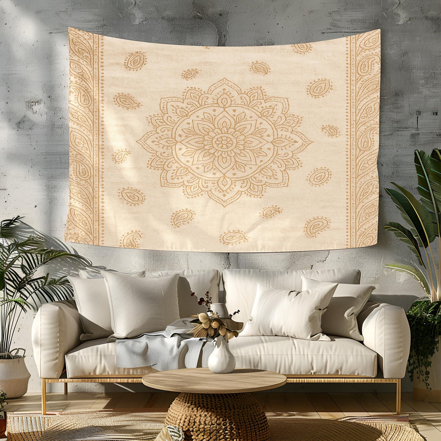 Minimalist Beige Mandala Tapestry – Elegant Boho Wall Hanging with Delicate Floral and Paisley Pattern, Soft Neutral Home Decor Accent