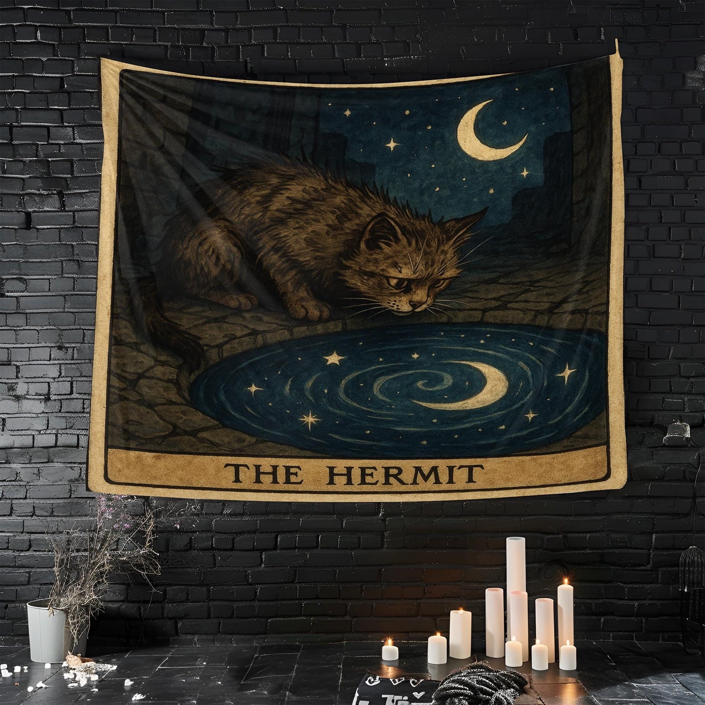The Hermit Cat Tapestry – Tarot-Inspired Mystical Wall Art, Introspective Boho Cat Decor, Celestial Gothic Tapestry for Bedroom or Altar