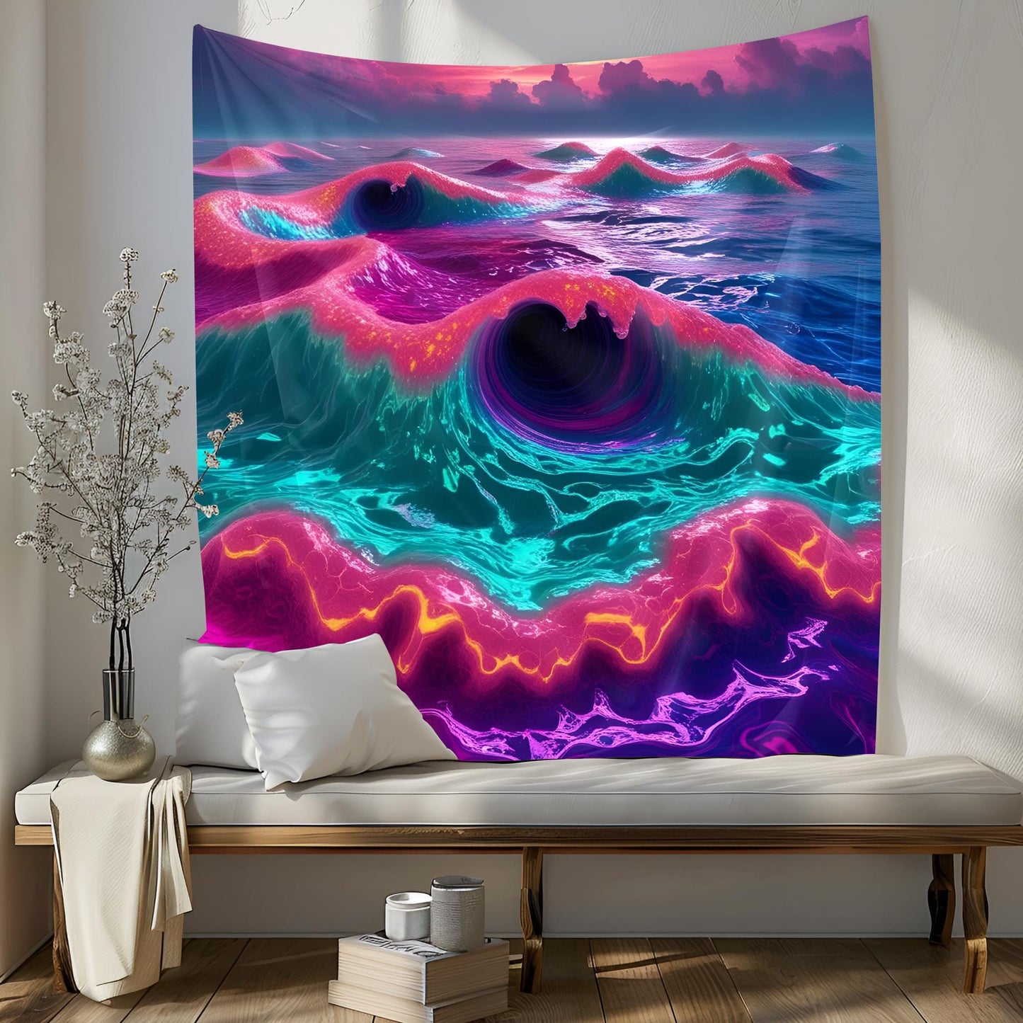 Neon Ocean Tapestry, Liquid Waves & Fractal Spirals, Bioluminescent Foam, Trippy Dreamlike Reflections Wall Art, Psychedelic Tapestry