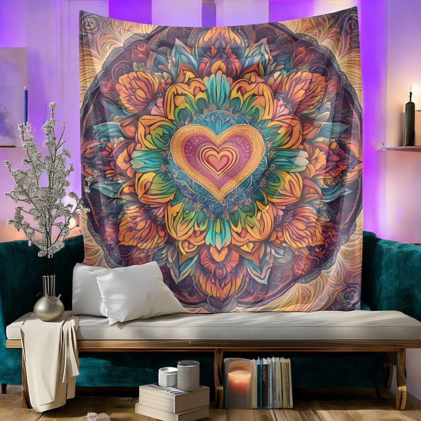 Rainbow Mandala Tapestry - LGBT Pride Boho Wall Hanging - Colorful Spiritual Room Decor - Vibrant Symmetrical Mandala with Heart Center