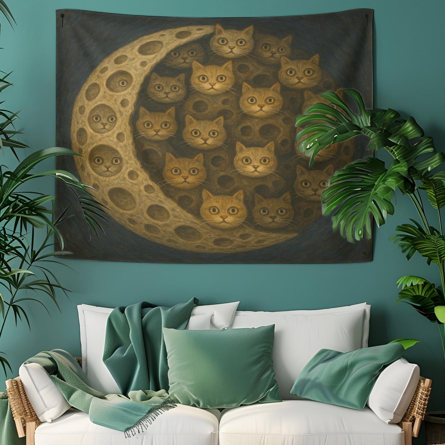 Cat Moon Tapestry Optical Illusion Wall Art, Surreal Feline Print For Cat Lovers, Trippy Dorm Room Decor, Mystical Bedroom Accent Gift