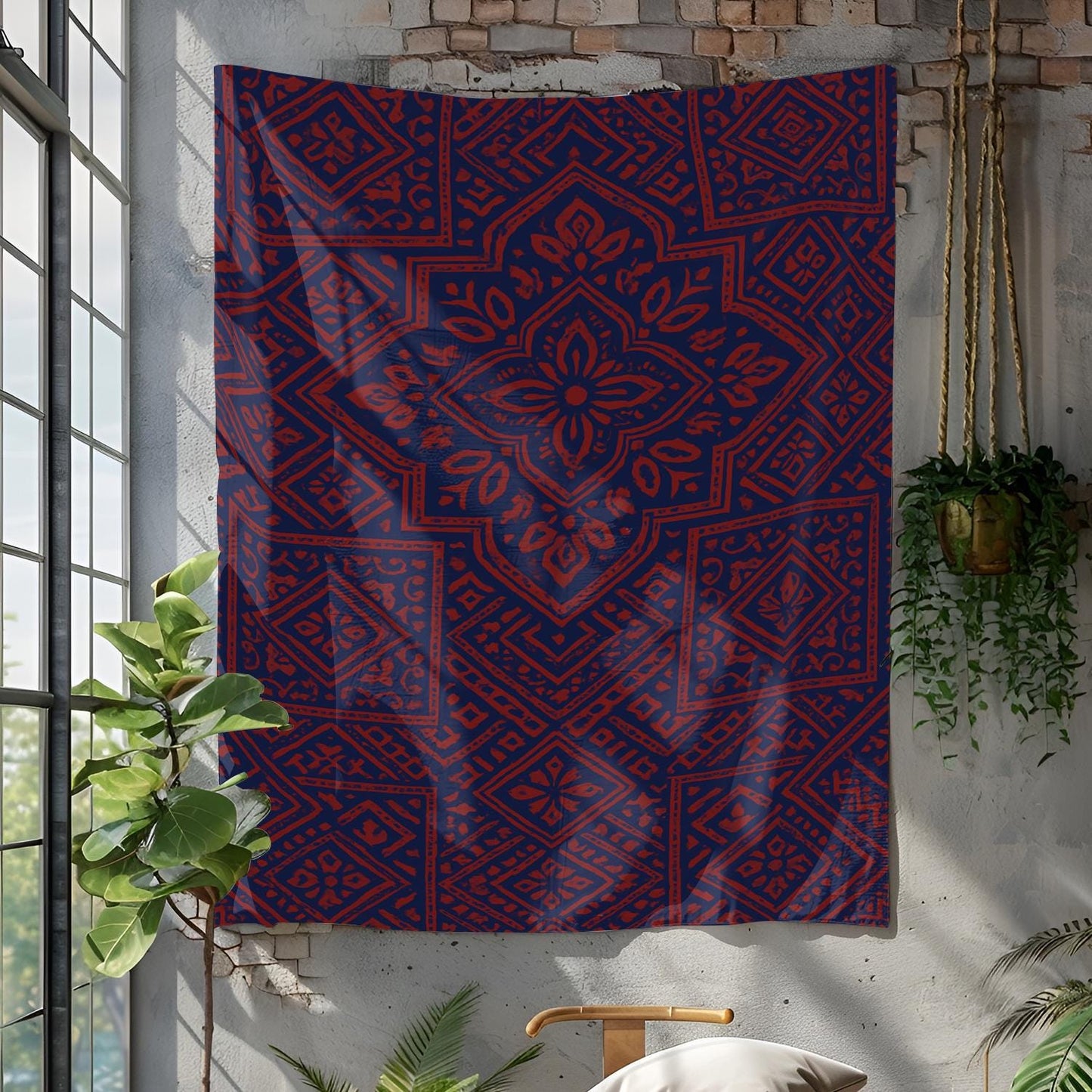 Boho Geometric Tapestry in Navy and Rust – Ethnic Pattern Wall Hanging for Bedroom, Living Room, Dorm, or Meditation Space