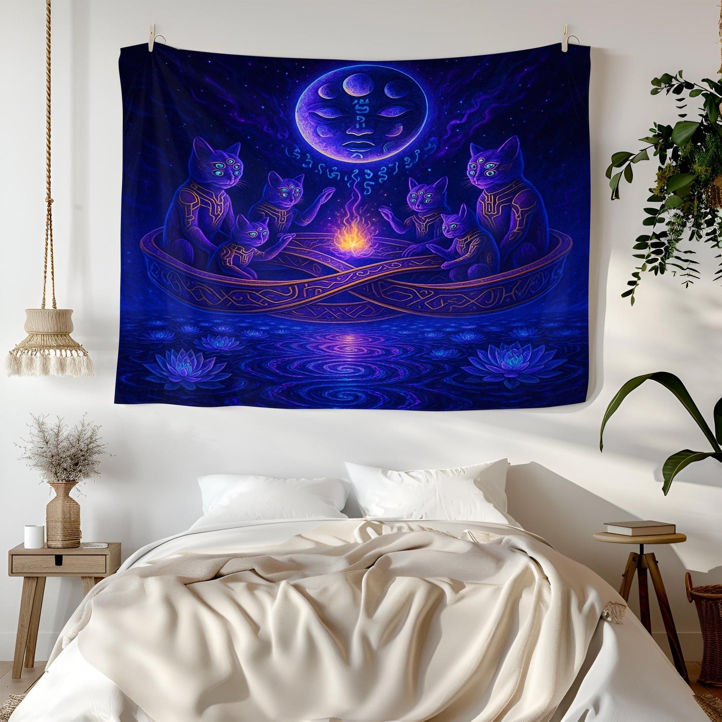 Mystic Cat Tapestry – Trippy Cosmic Cats Wall Art, Spiritual Fire Circle Decor, Celestial Feline Tapestry, Psychedelic Moonlit Scene