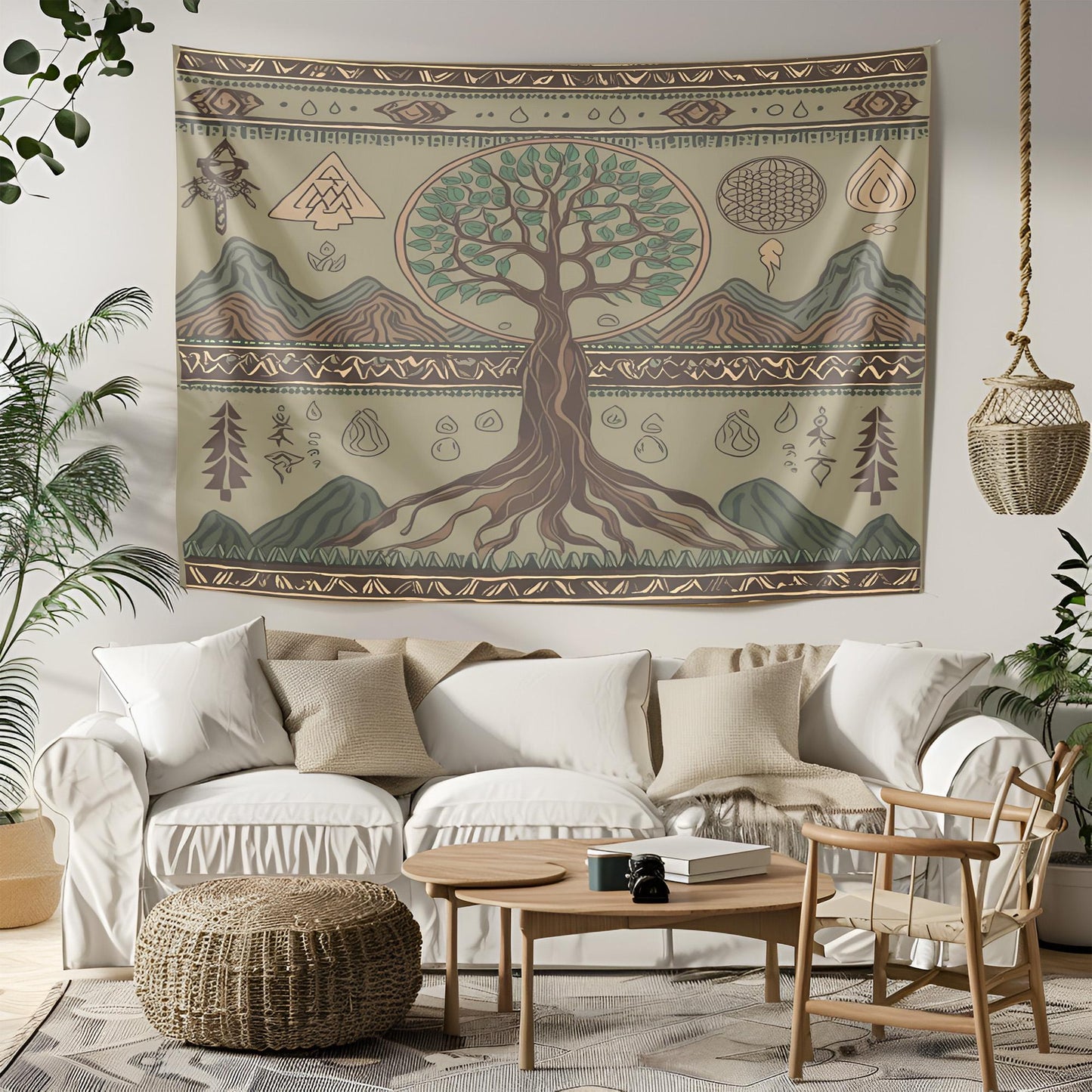 Shamanistic Tree of Life Tapestry, Spiritual Symbol Wall Art, Earthy Green Muted Brown Decor, Nomadic Mountain Water Motifs, Room Tapestry